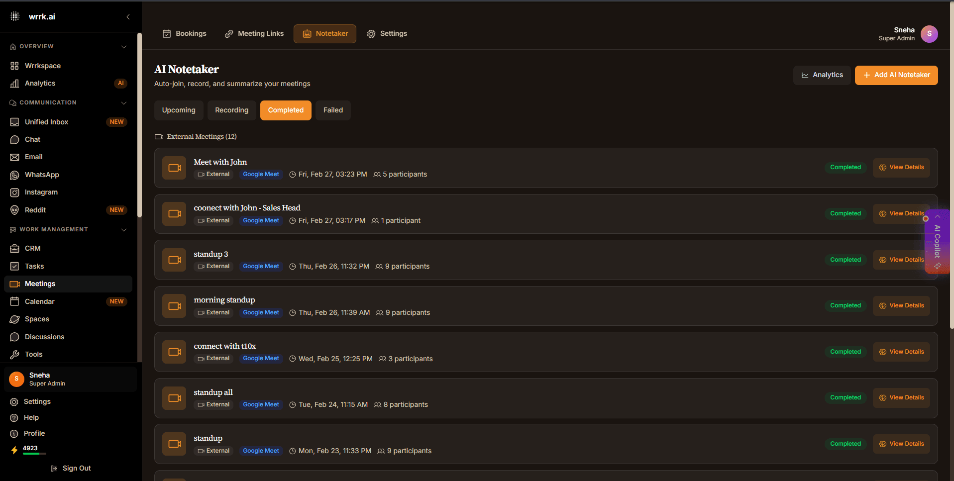 WRRK.ai Meetings & Calendar