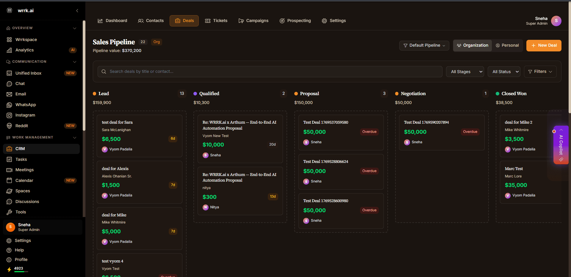WRRK.ai CRM — Sales pipeline with AI deal scoring and automation
