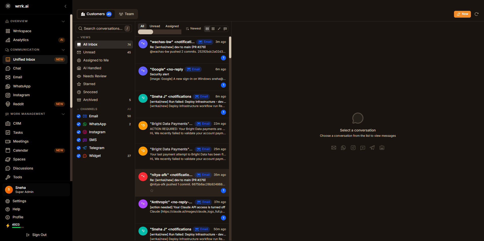 WRRK.ai Unified Inbox — 8 channels in one intelligent stream