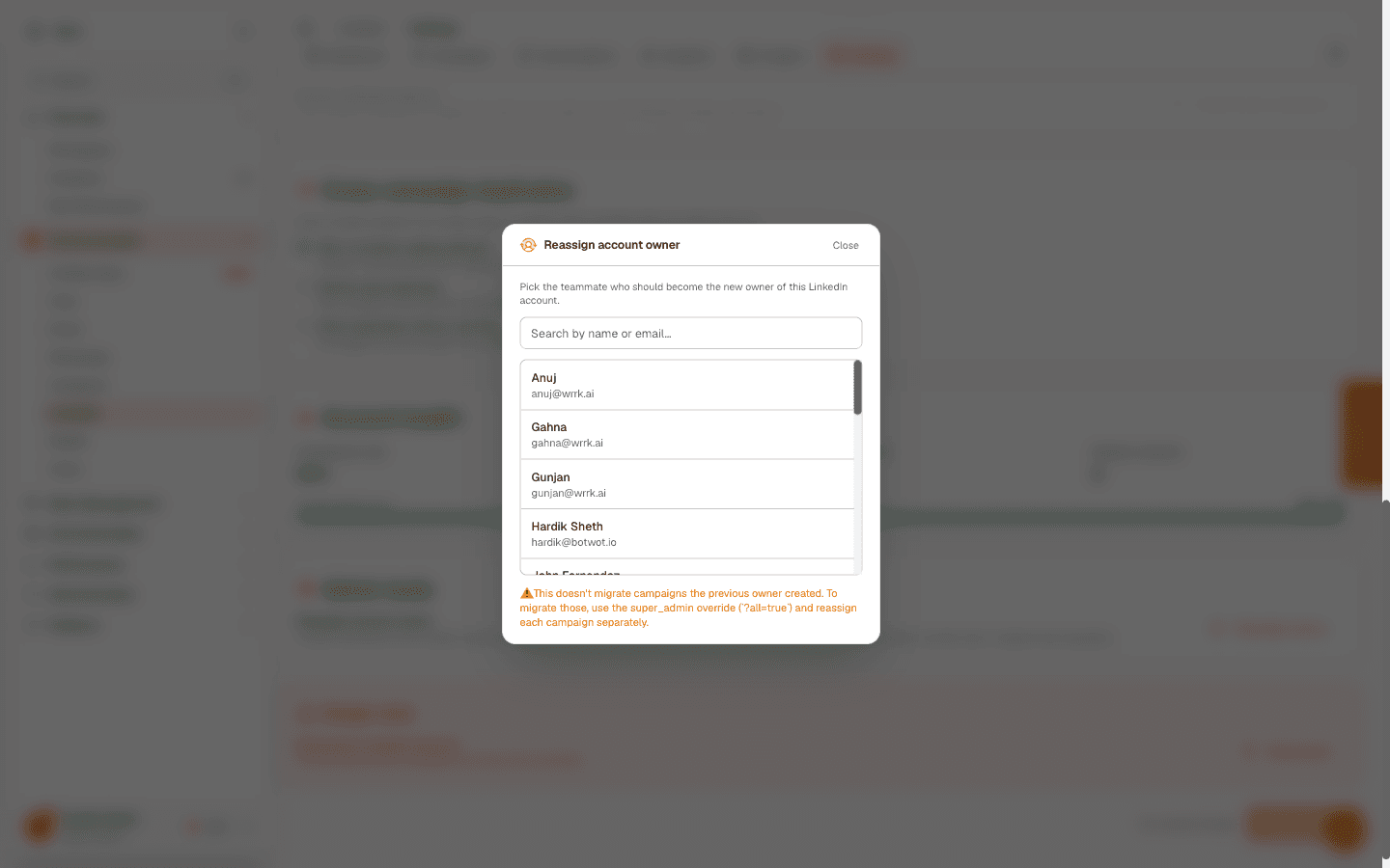 Reassign ownership of a LinkedIn account (admin)