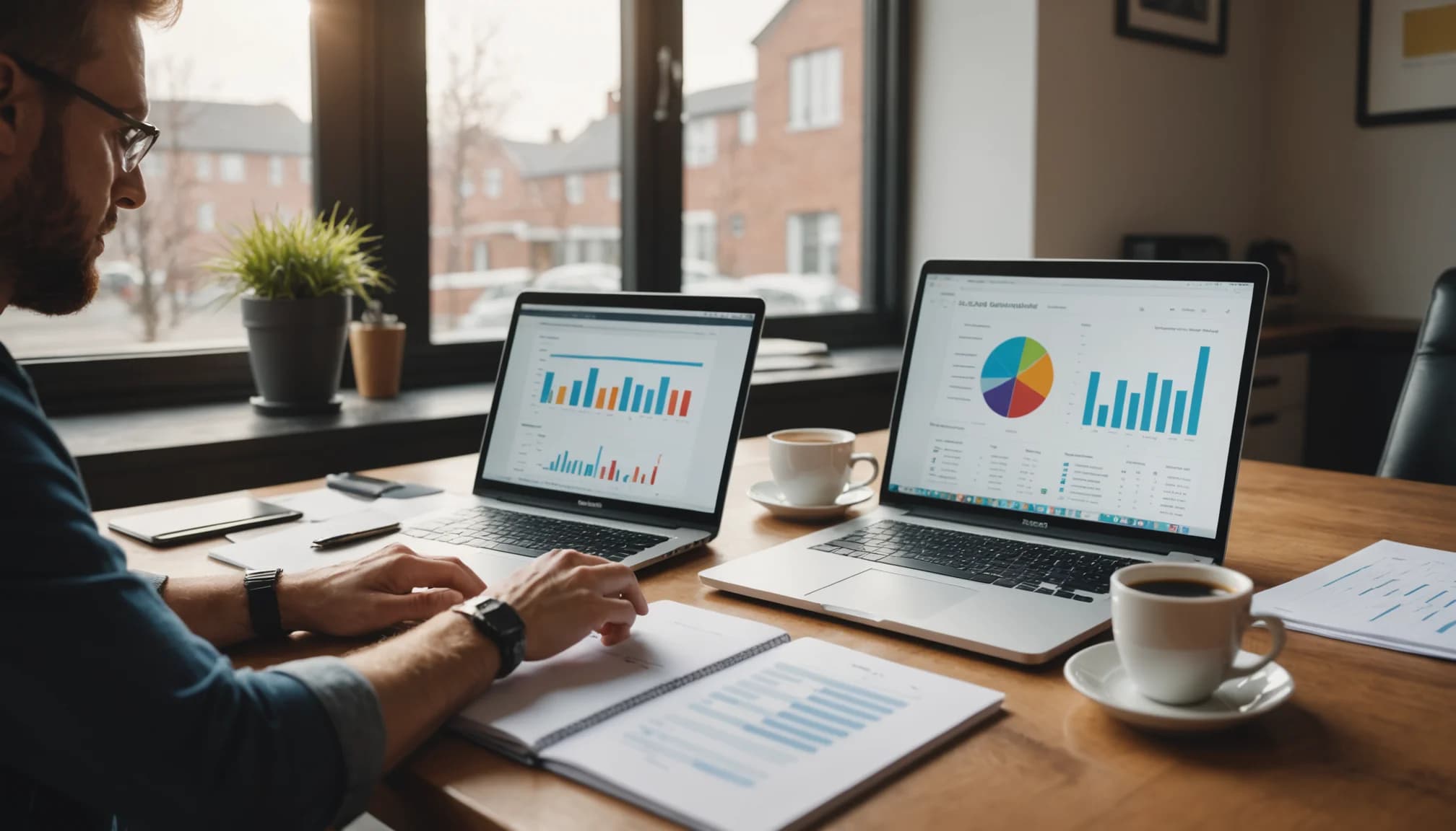 Small business owner analyzing AI CRM features and lead scoring metrics on a laptop dashboard
