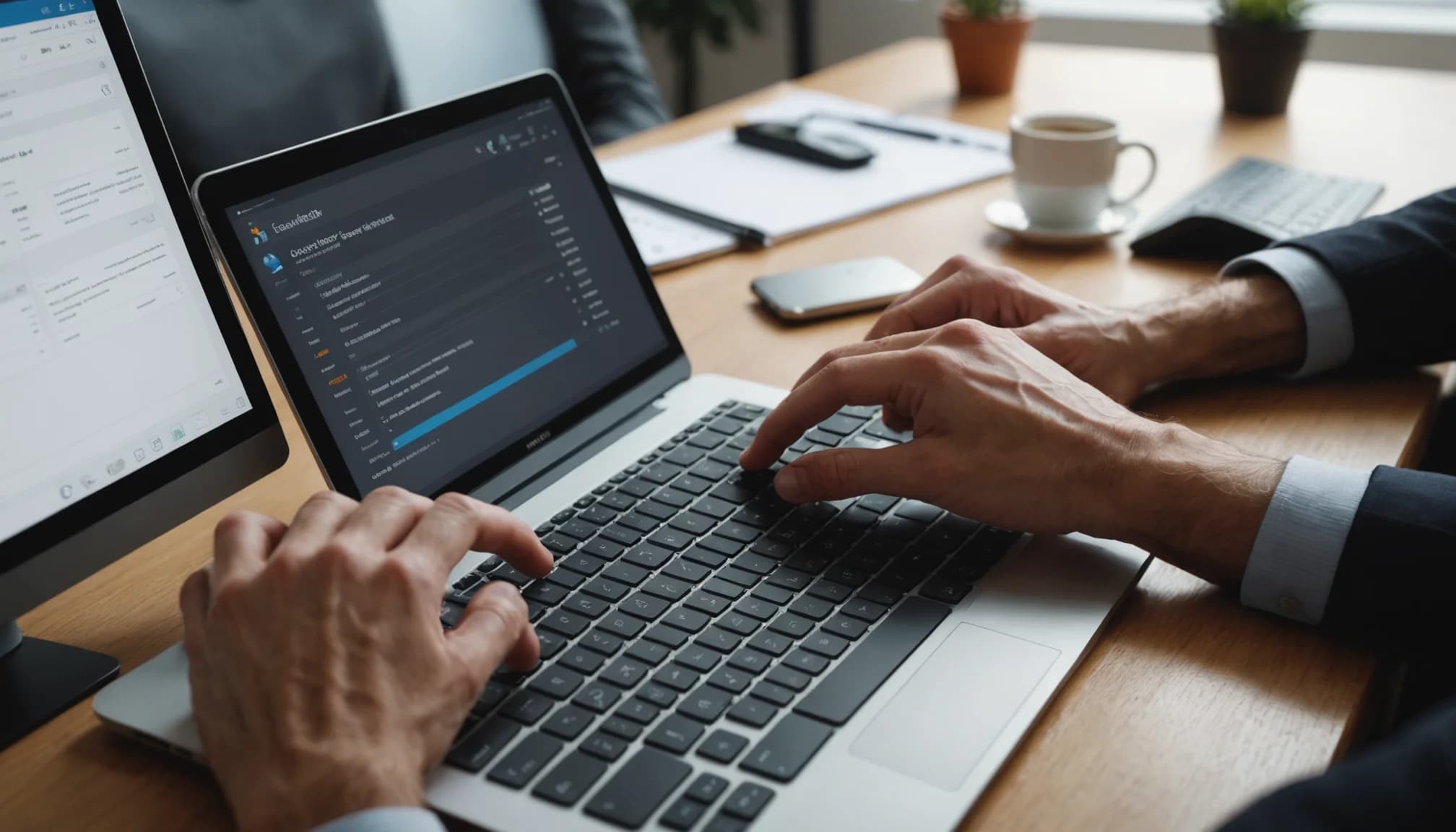 Hands typing on a keyboard with a CRM contact management interface visible on the computer screen