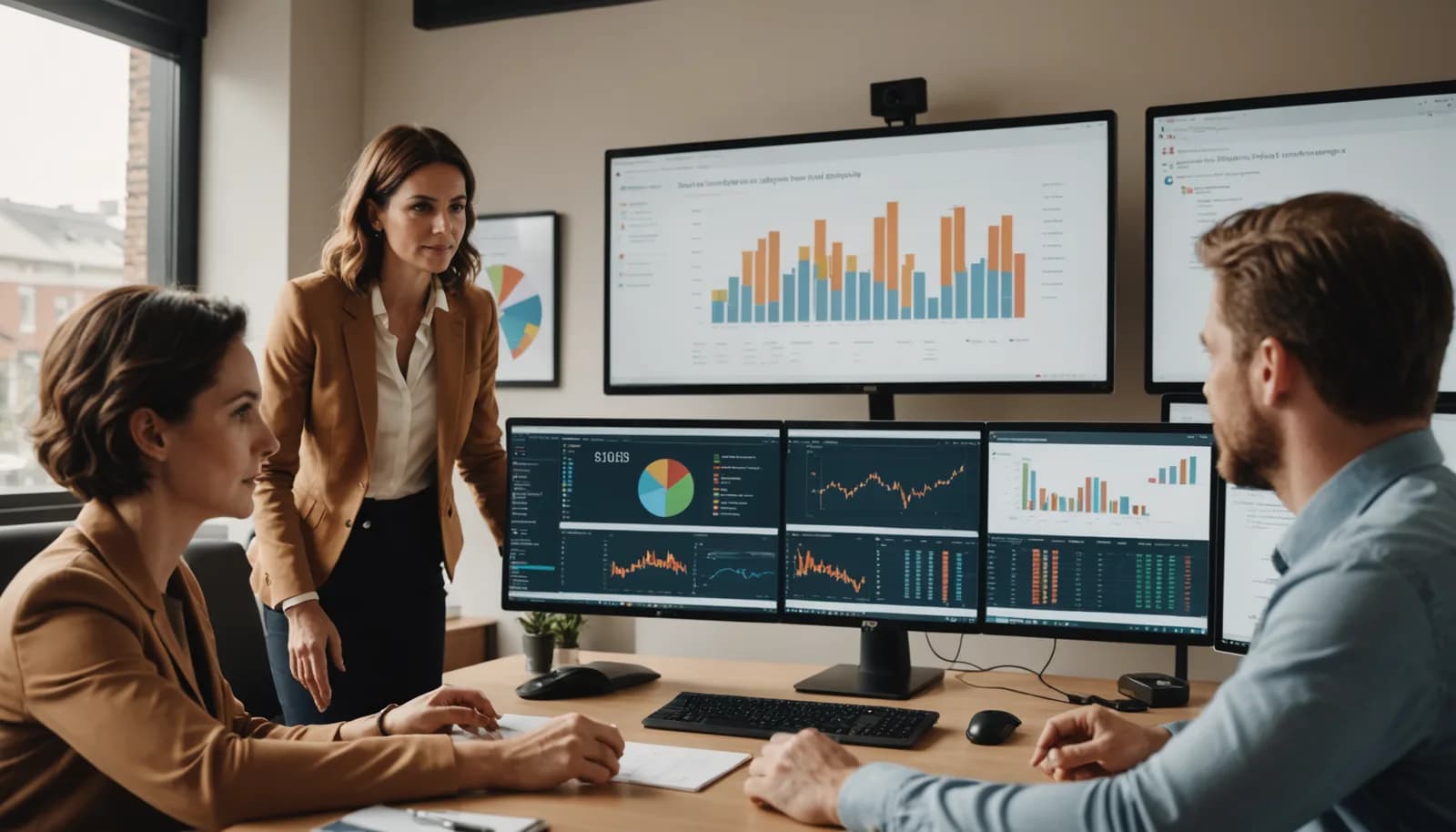 Sales team collaborating on AI-generated lead scoring and pipeline management for sales teams