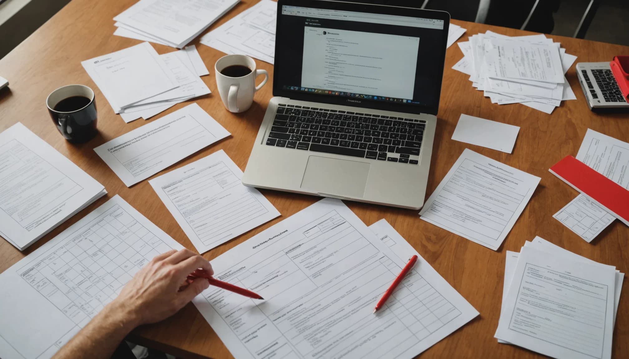 Manual lead qualification paperwork contrasted with automated CRM workflow on laptop, showing the shift from manual to AI lead qualification.