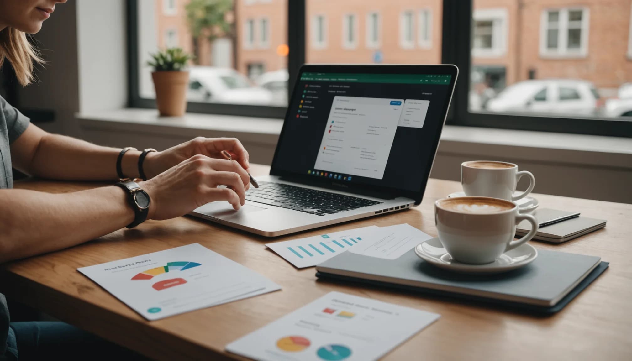 Small business owner using an AI prospecting tool dashboard on laptop to manage leads
