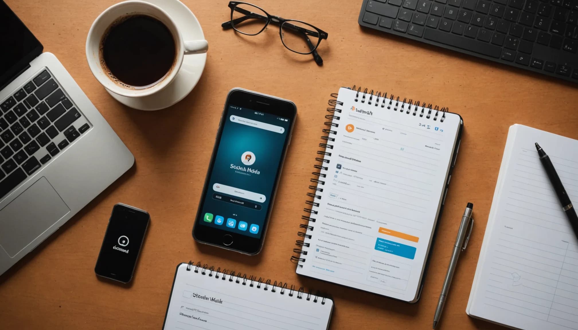 Notebook with prospecting research notes and smartphone showing social media platforms for lead discovery