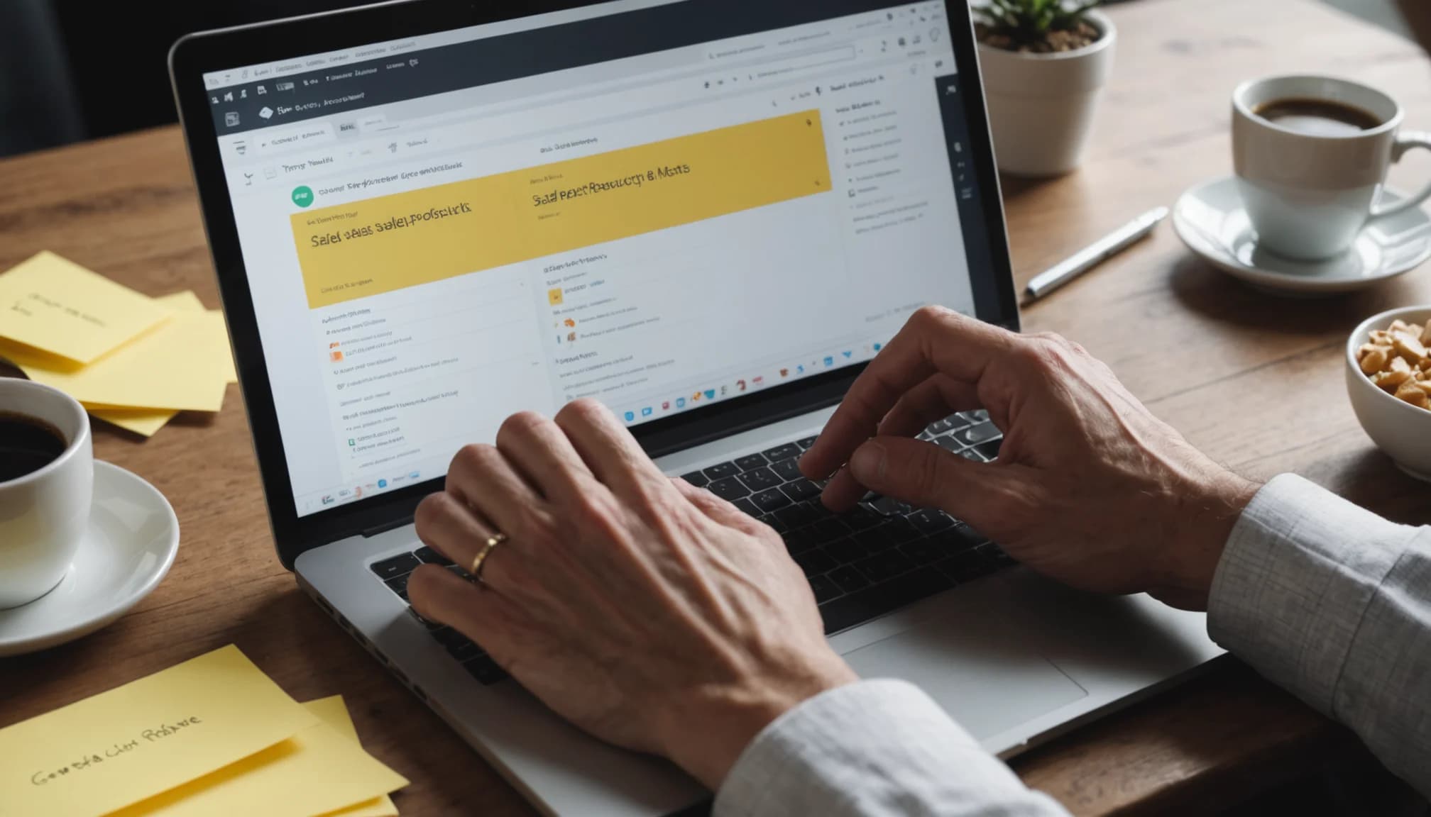 Hands typing in a sales prospecting alternative platform showing prospect lists and outreach tracking