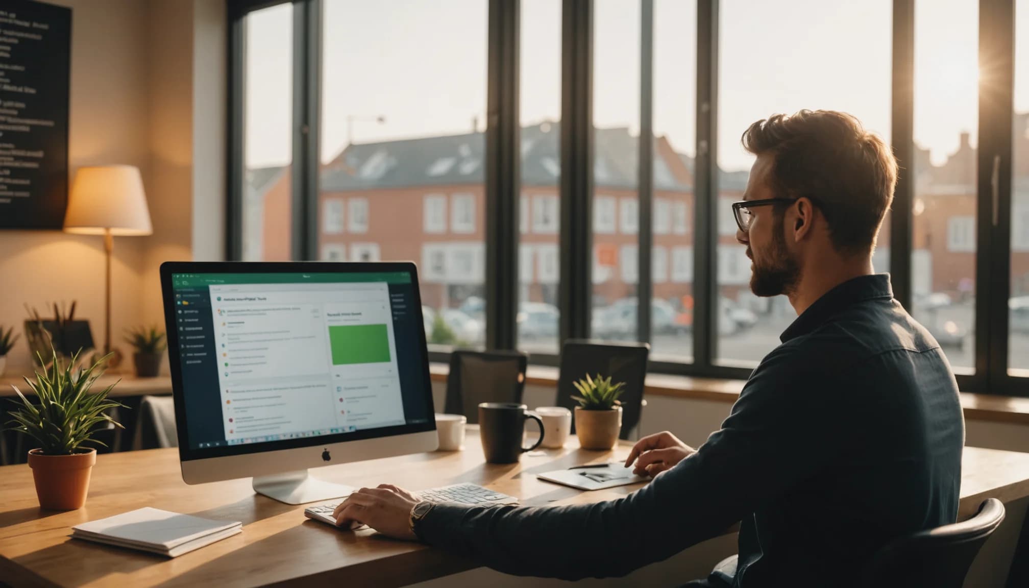 Small business owner using lead generation software on laptop with WhatsApp and email tools displayed, demonstrating unified prospecting workflow.