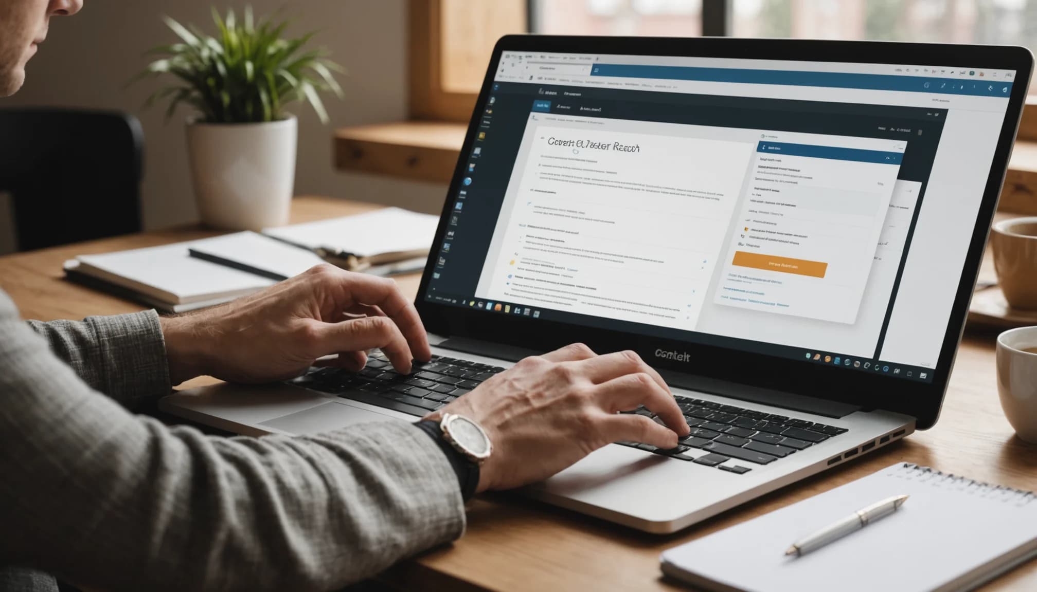 Close-up of hands typing on laptop showing CRM contact records and prospect data, representing lead generation software data entry and organization.