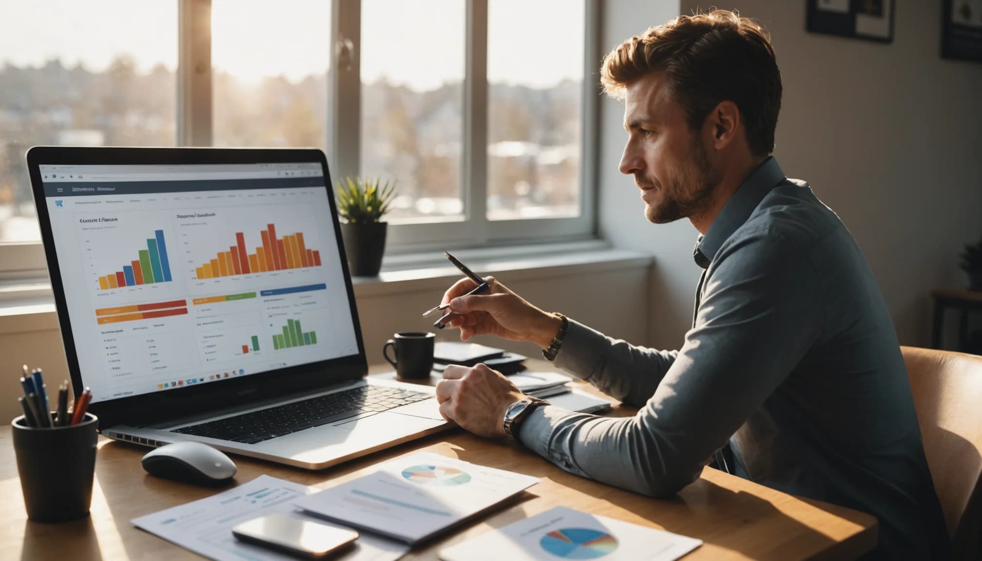 Small business owner reviewing a CRM pipeline dashboard with deal management and sales metrics.