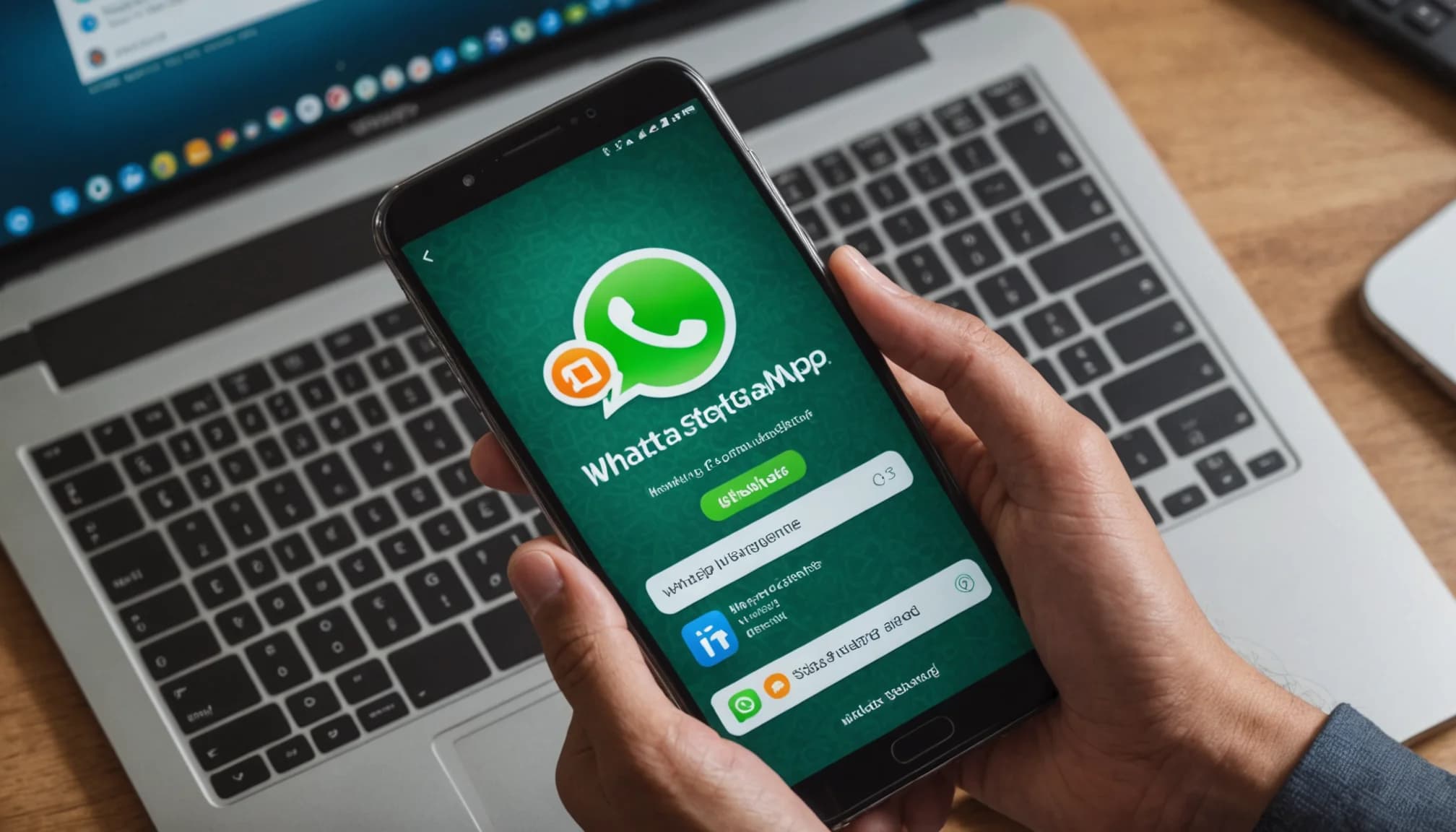 Hands showing fragmented messaging channels unified into a single CRM contact record system.