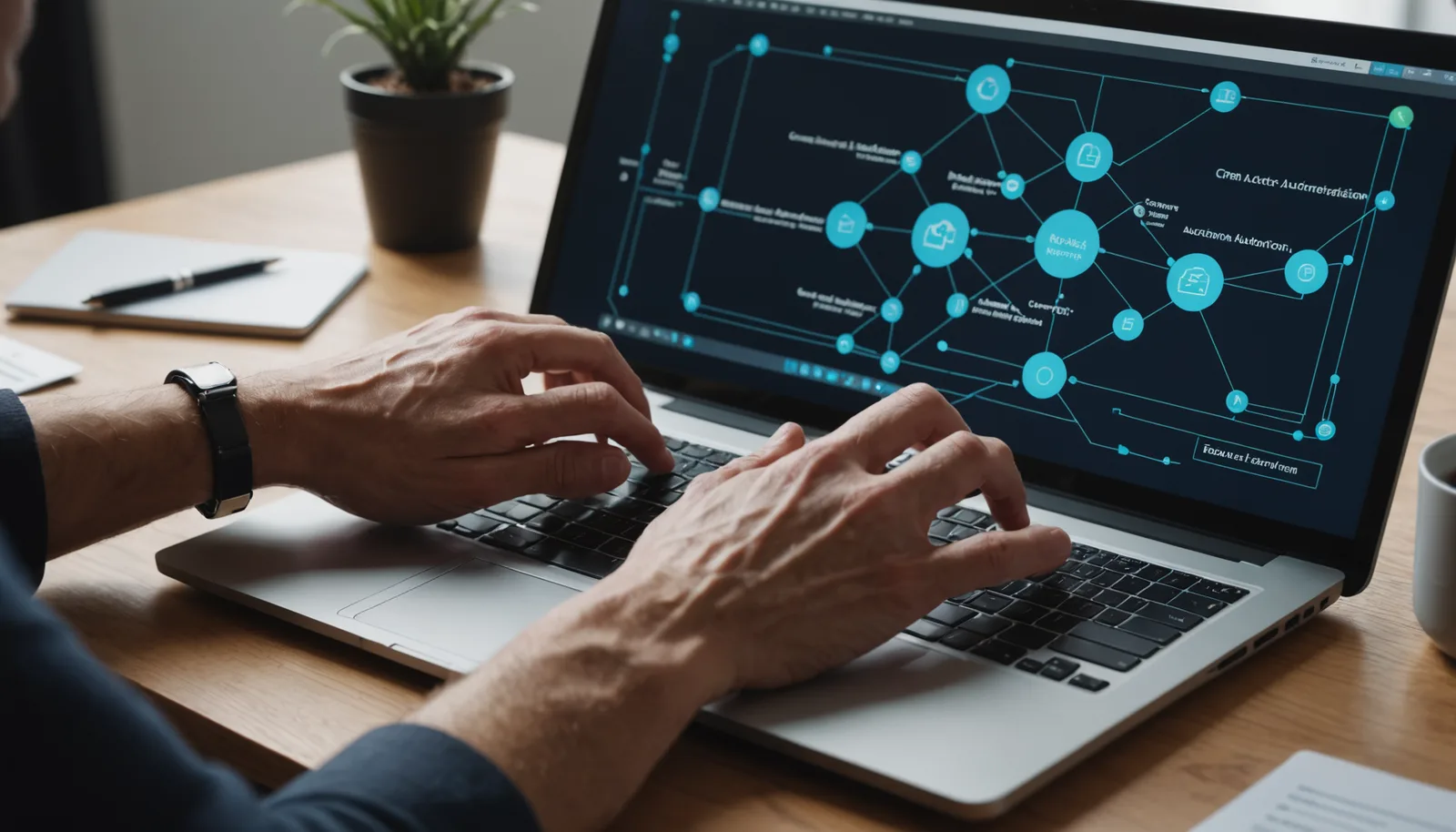 Laptop displaying workflow automation diagram with connected CRM nodes and task management for