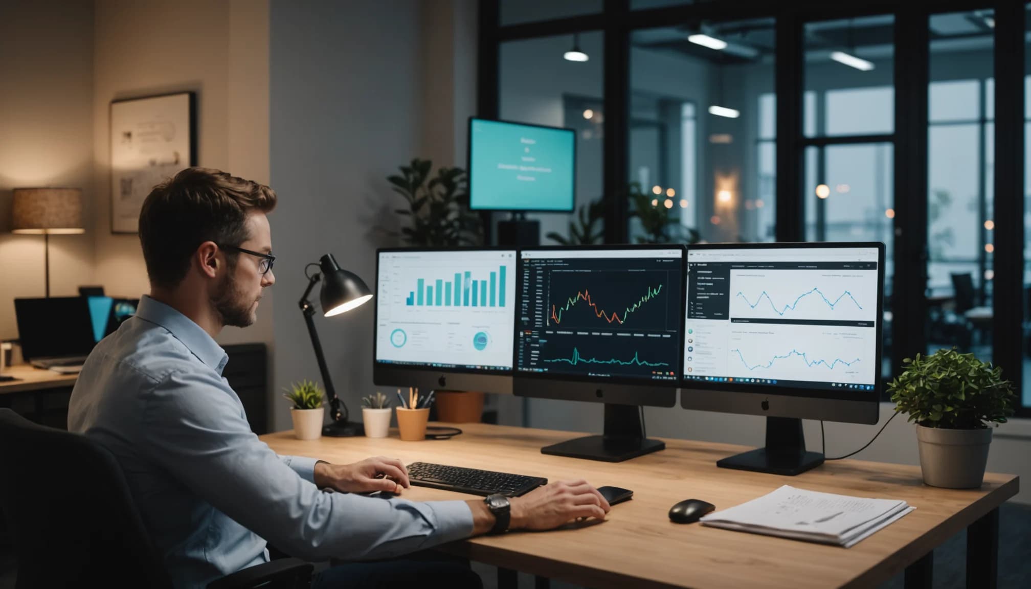 Business manager reviewing chatbot and live chat analytics on dashboard, comparing performance metrics between automated and human support channels.