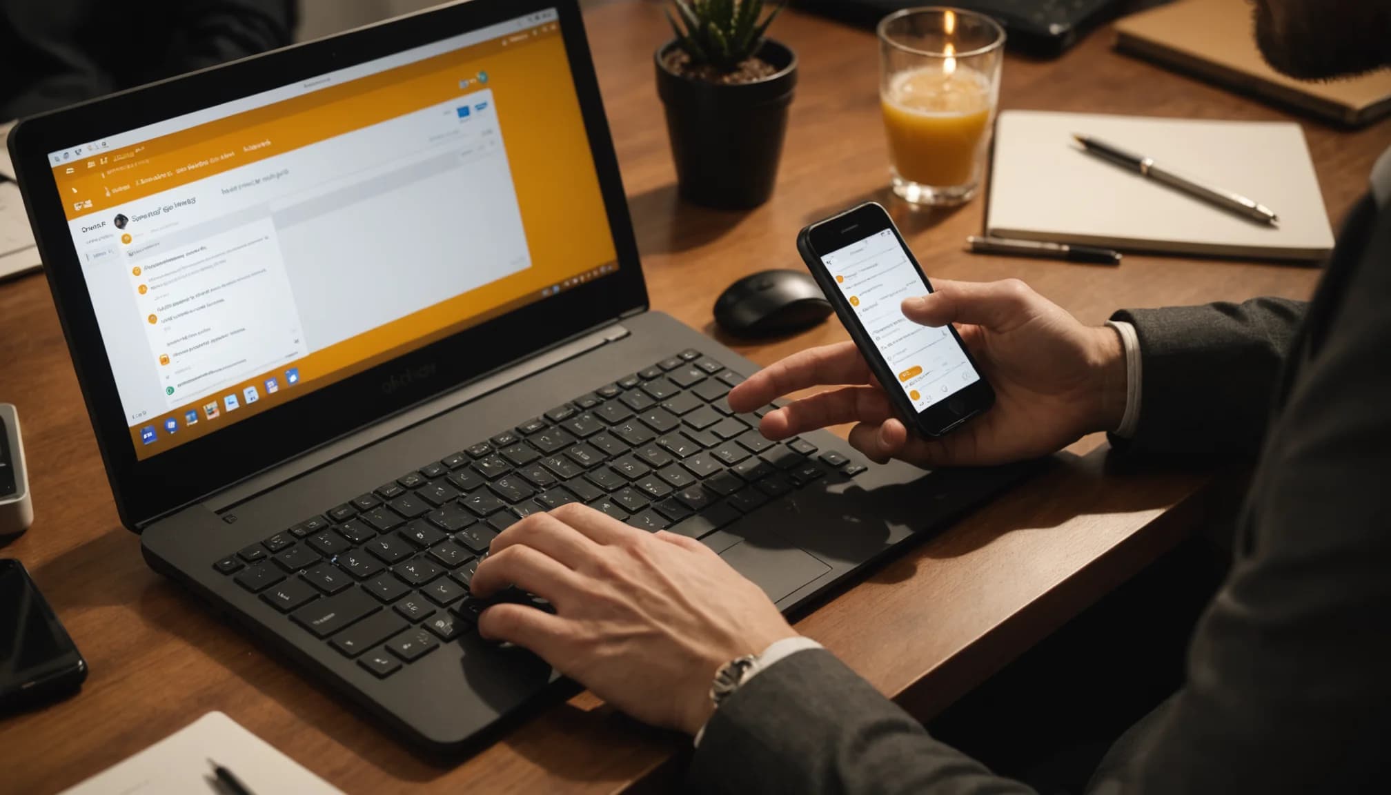 Hands typing on keyboard beside a smartphone showing customer chat interface and a monitor displaying CRM contact records with engagement data.