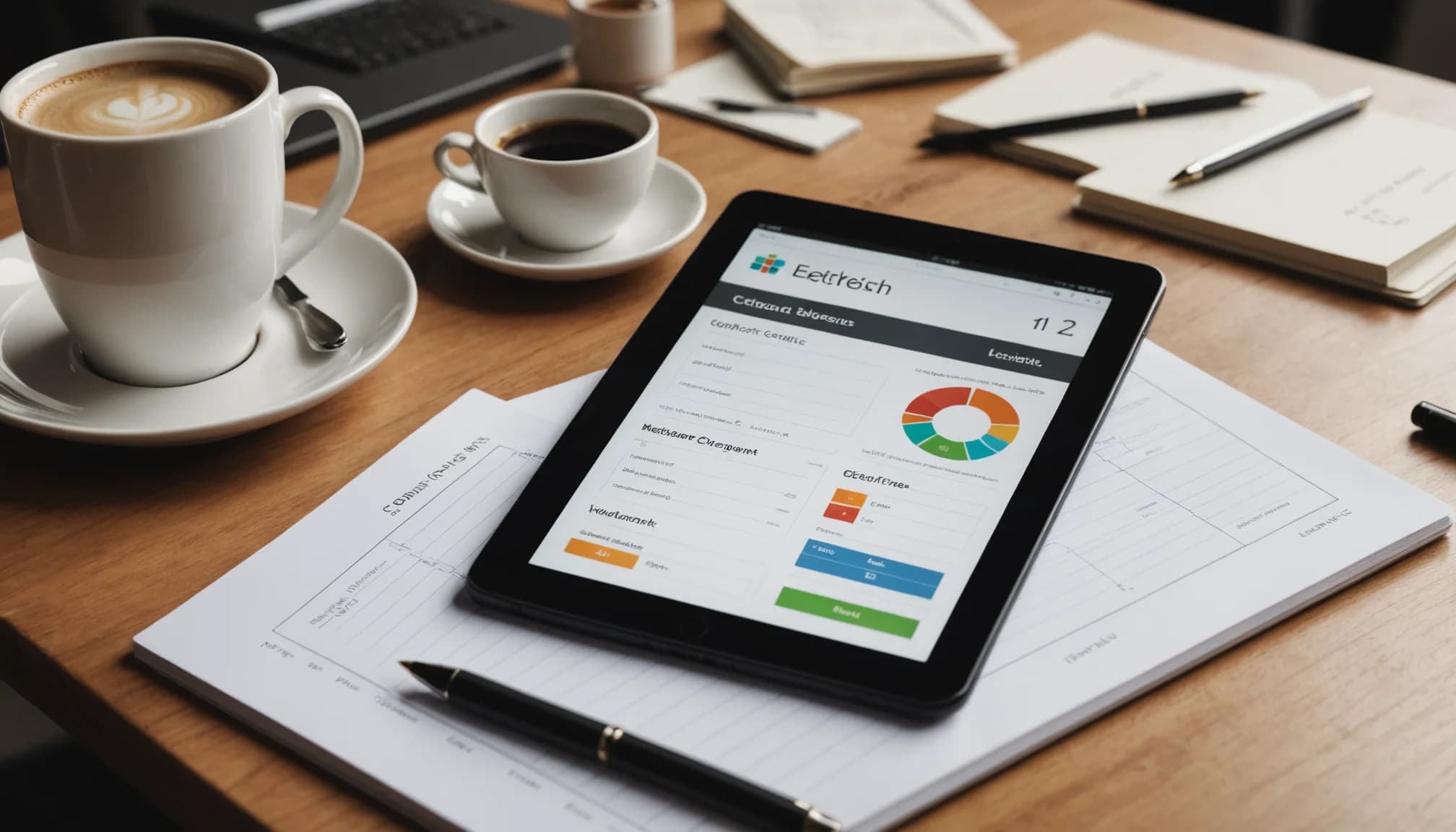 Tablet displaying a CRM dashboard with contact cards and deal pipeline metrics, next to coffee and notebook on a clean workspace, representing dedicated CRM capabilities.