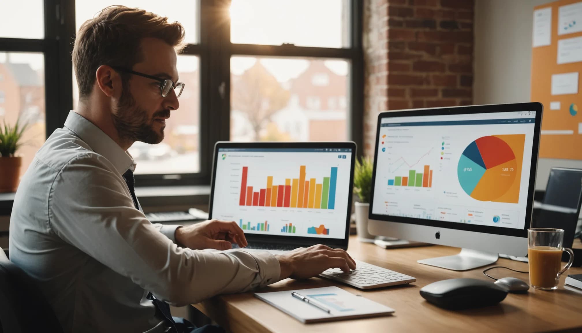 Dashboard showing customer support metrics to track with trending KPI charts and analytics in warm, professional lighting