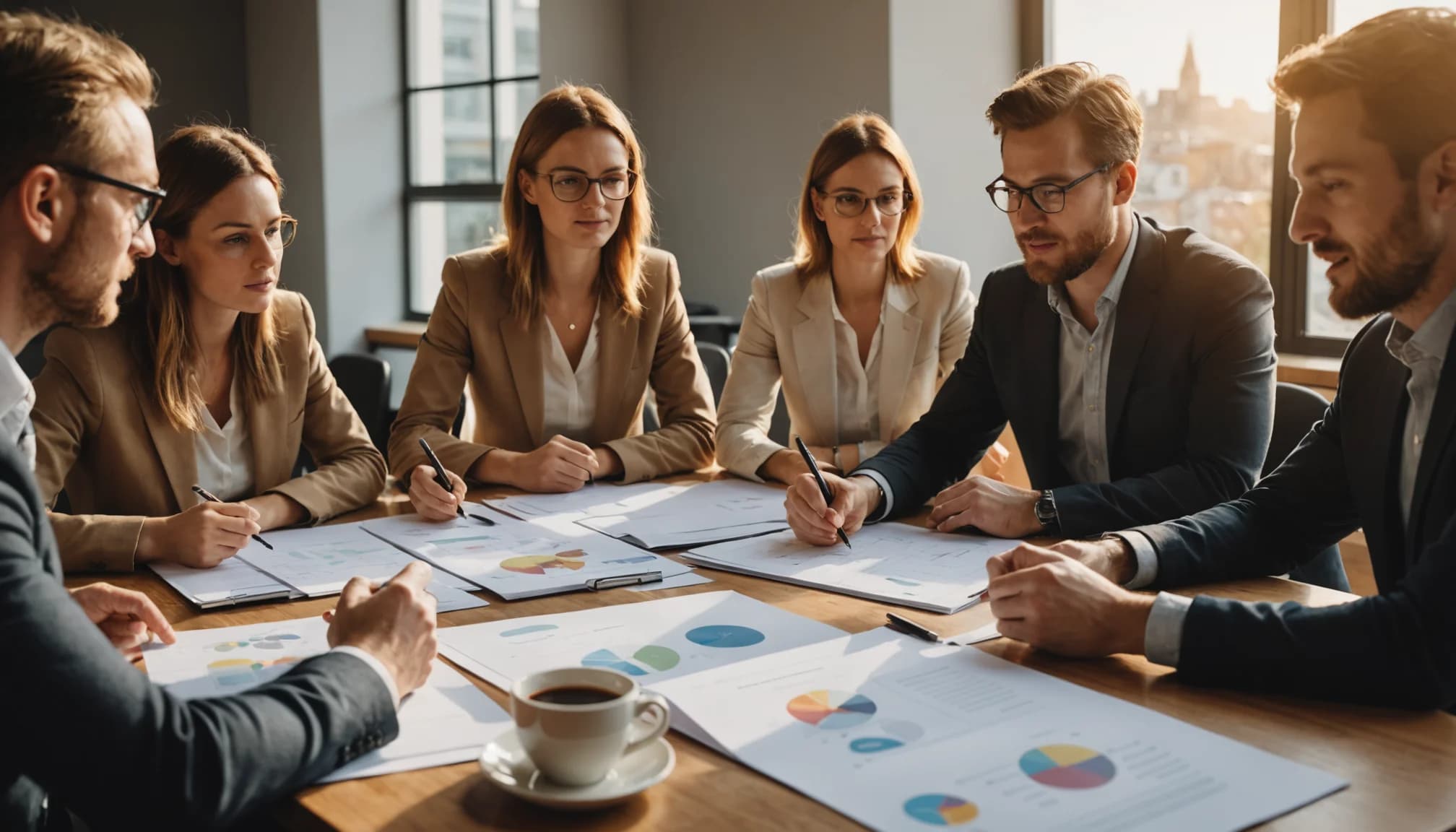 Team reviewing printed customer support metrics reports and performance data in a collaborative meeting setting