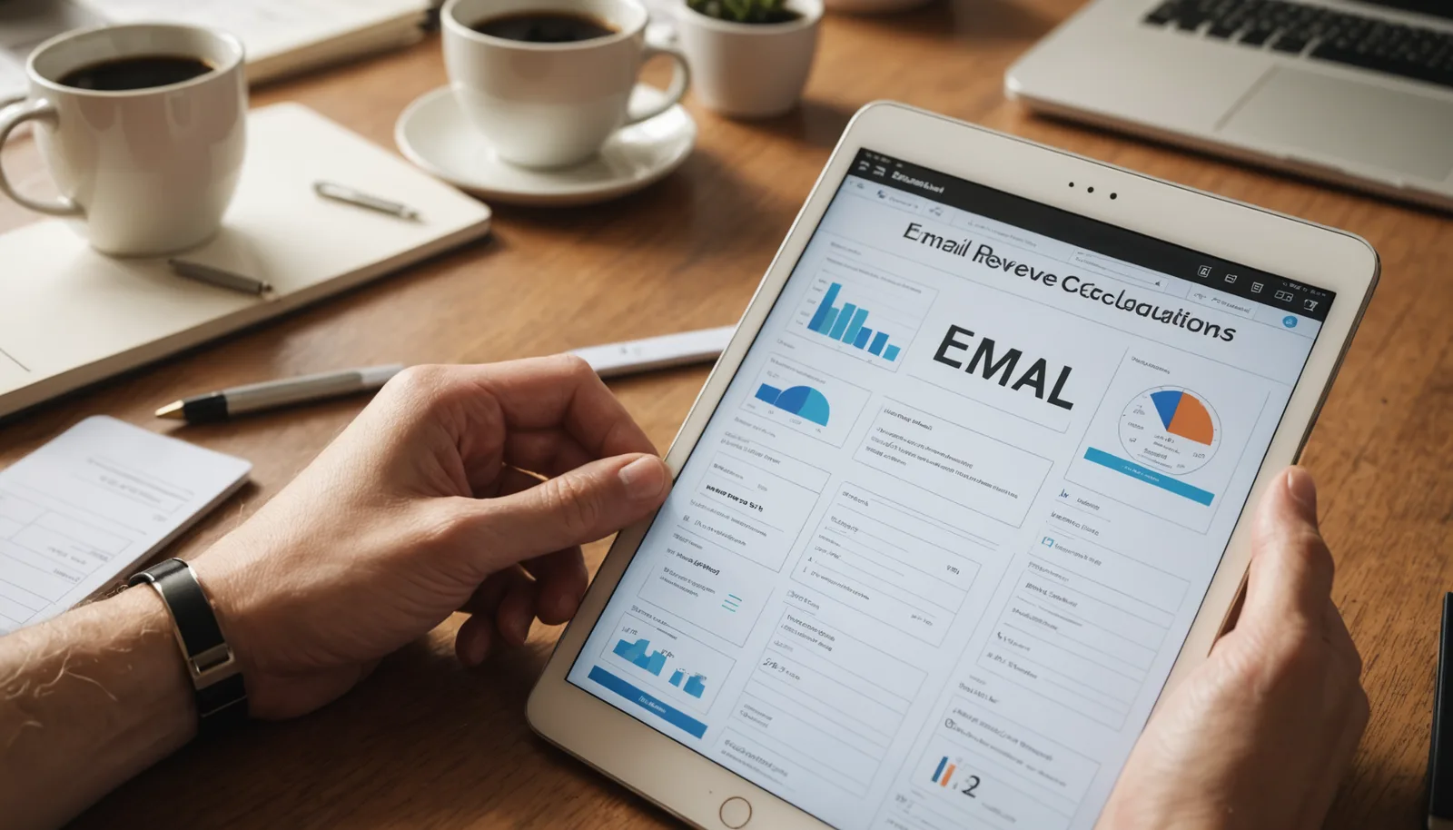 Notebook with email metrics calculations and smartphone showing email campaign tracking performance