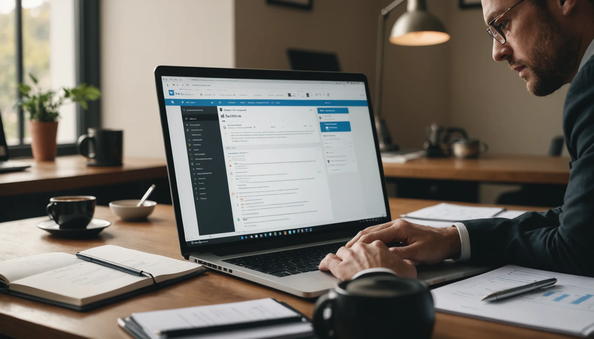 Sales professional researching B2B leads using LinkedIn and a prospect spreadsheet on dual monitors in natural lighting
