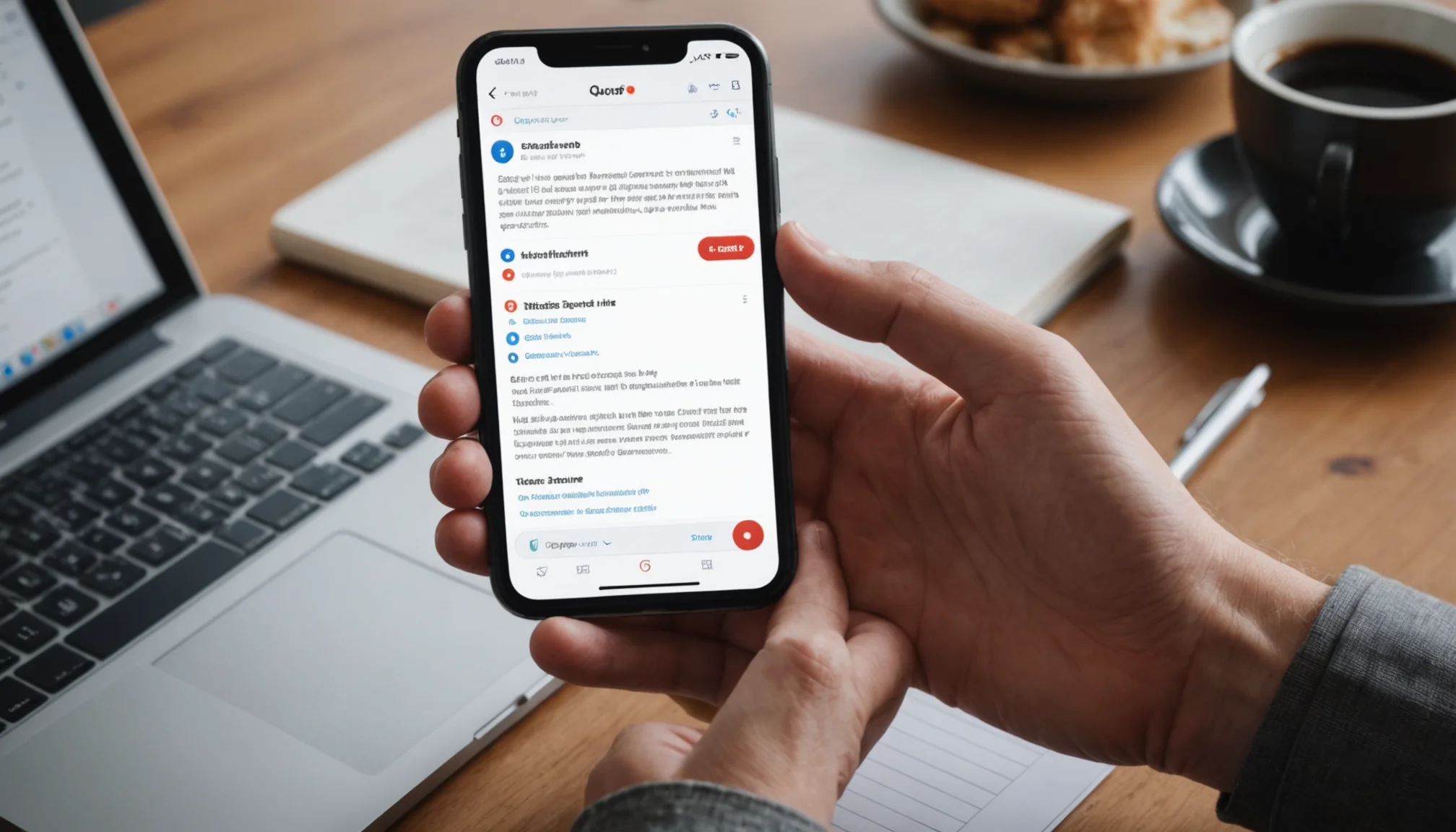 Smartphone displaying Reddit and Quora with prospect questions about business software, alongside handwritten research notes