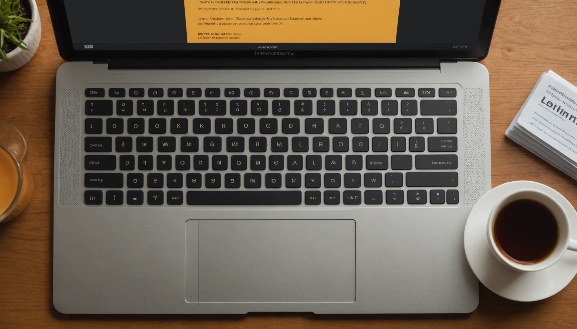 Overhead view of a laptop keyboard with a printed industry directory and tea, representing B2B lead research methods without ZoomInfo