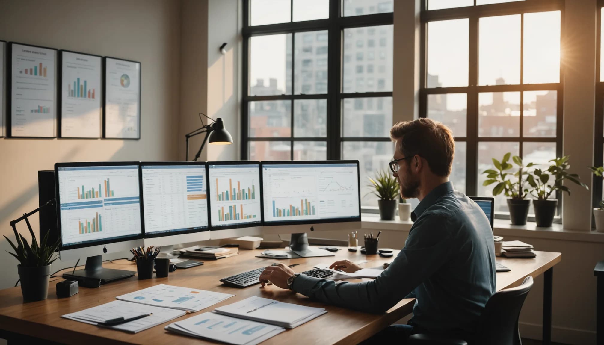Small business owner analyzing SaaS spending on multiple monitors to reduce software costs