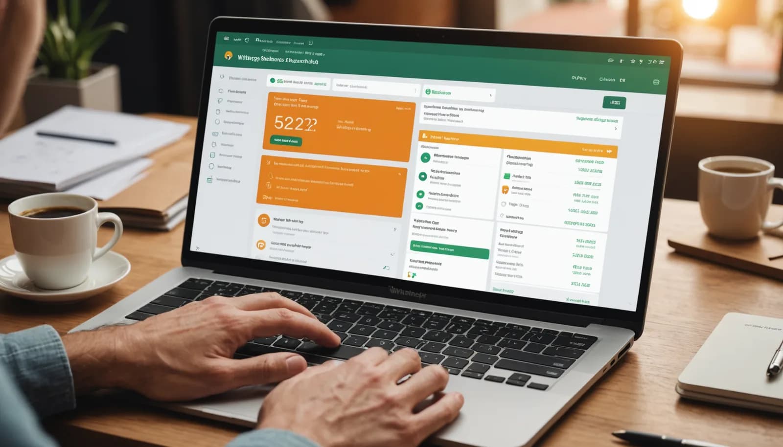A laptop displaying a CRM dashboard with WhatsApp message templates, customer segmentation, and
