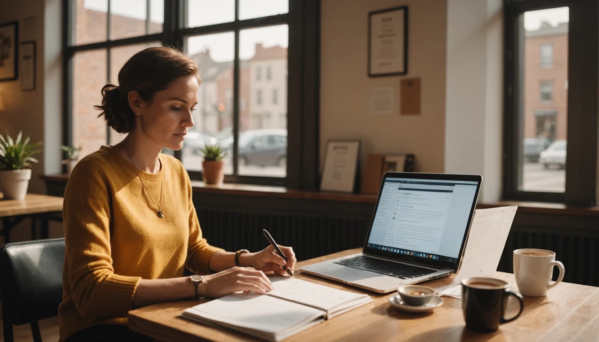 Small business owner planning email campaigns on a laptop with notes and coffee nearby, warm natural lighting