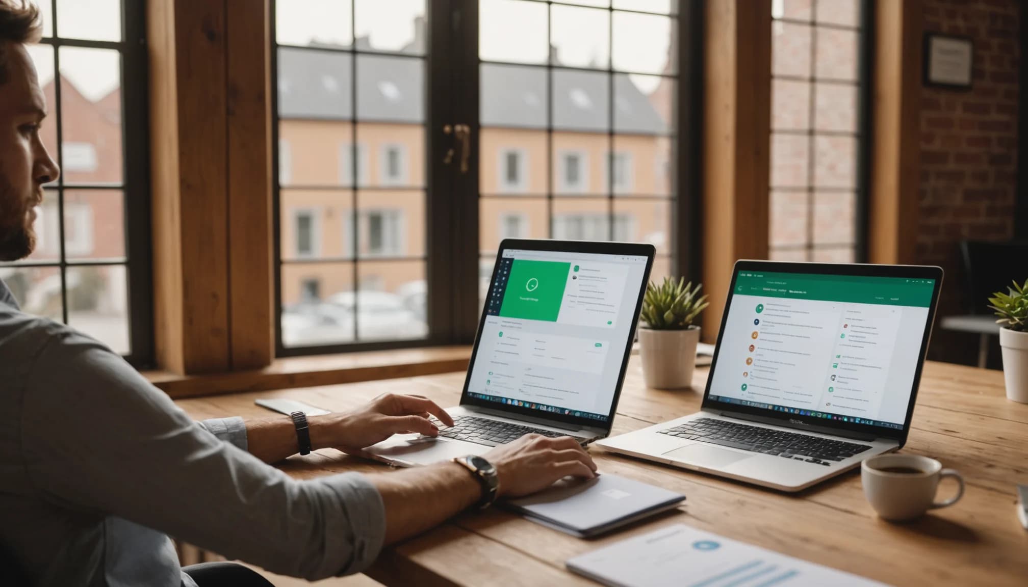 Small business owner reviewing a unified intercom alternative cheaper than Intercom on a laptop dashboard with integrated CRM, email, and messaging.