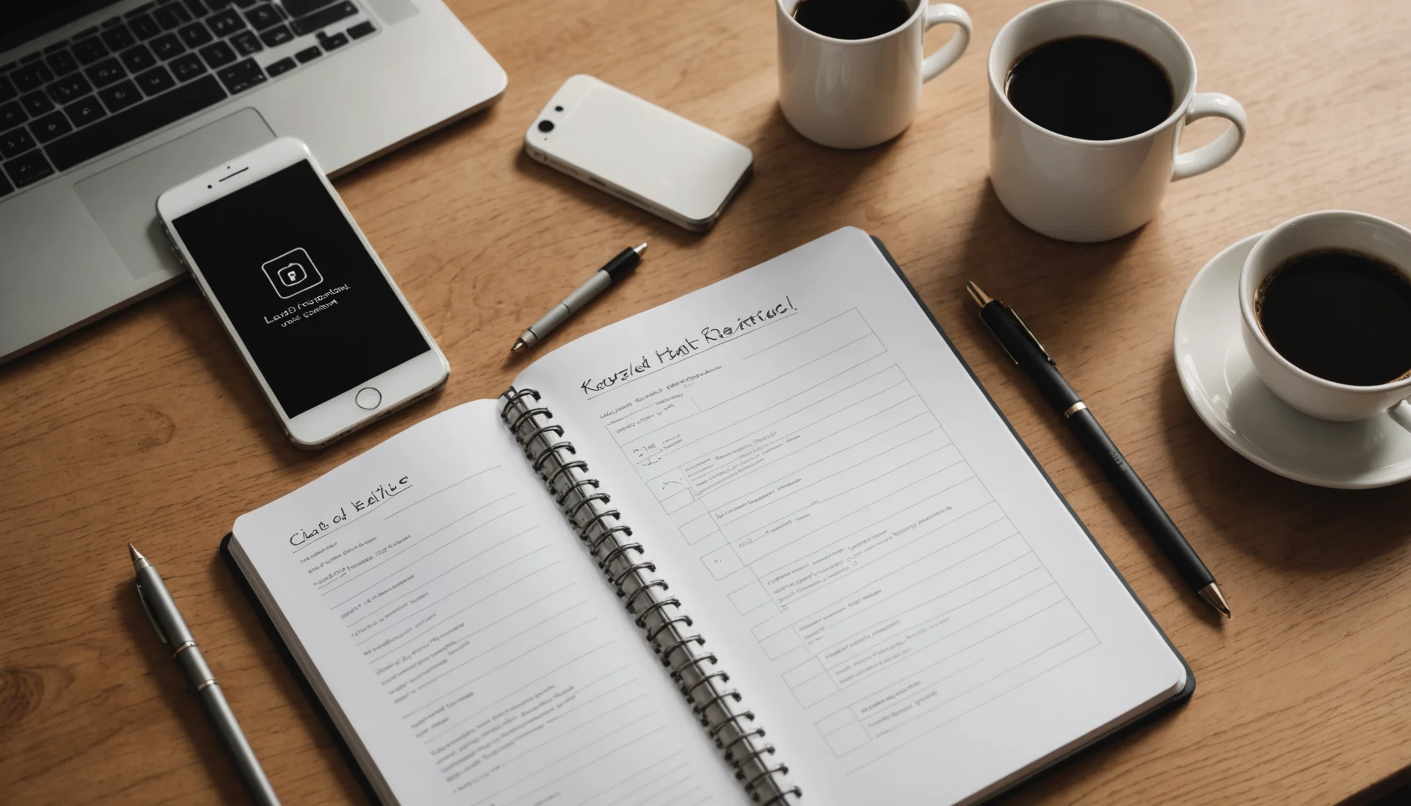 Notebook with lead qualification criteria and funnel diagram next to smartphone displaying lead generation notification alert.