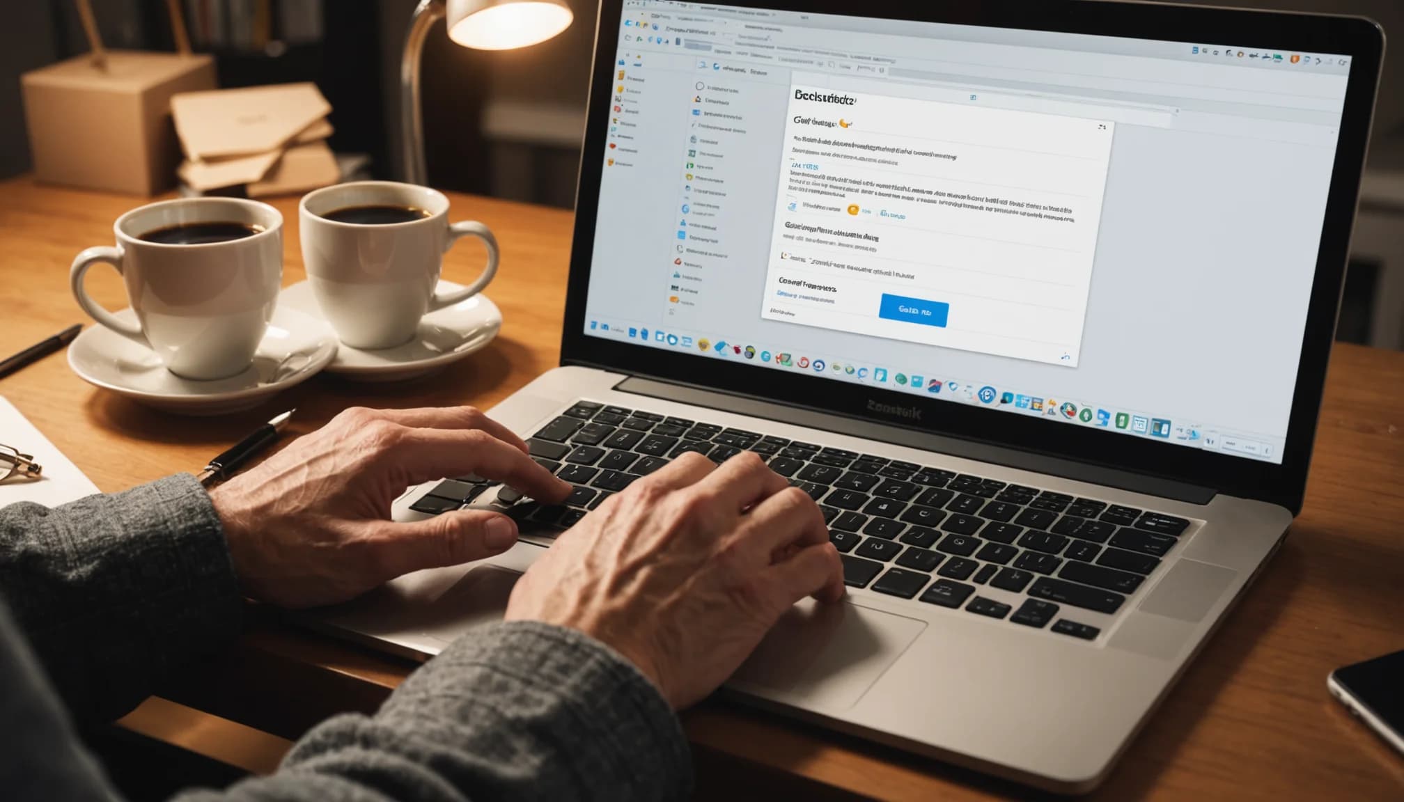 Hands typing on a laptop with two separate browser windows open, illustrating the friction of using disconnected email and CRM tools