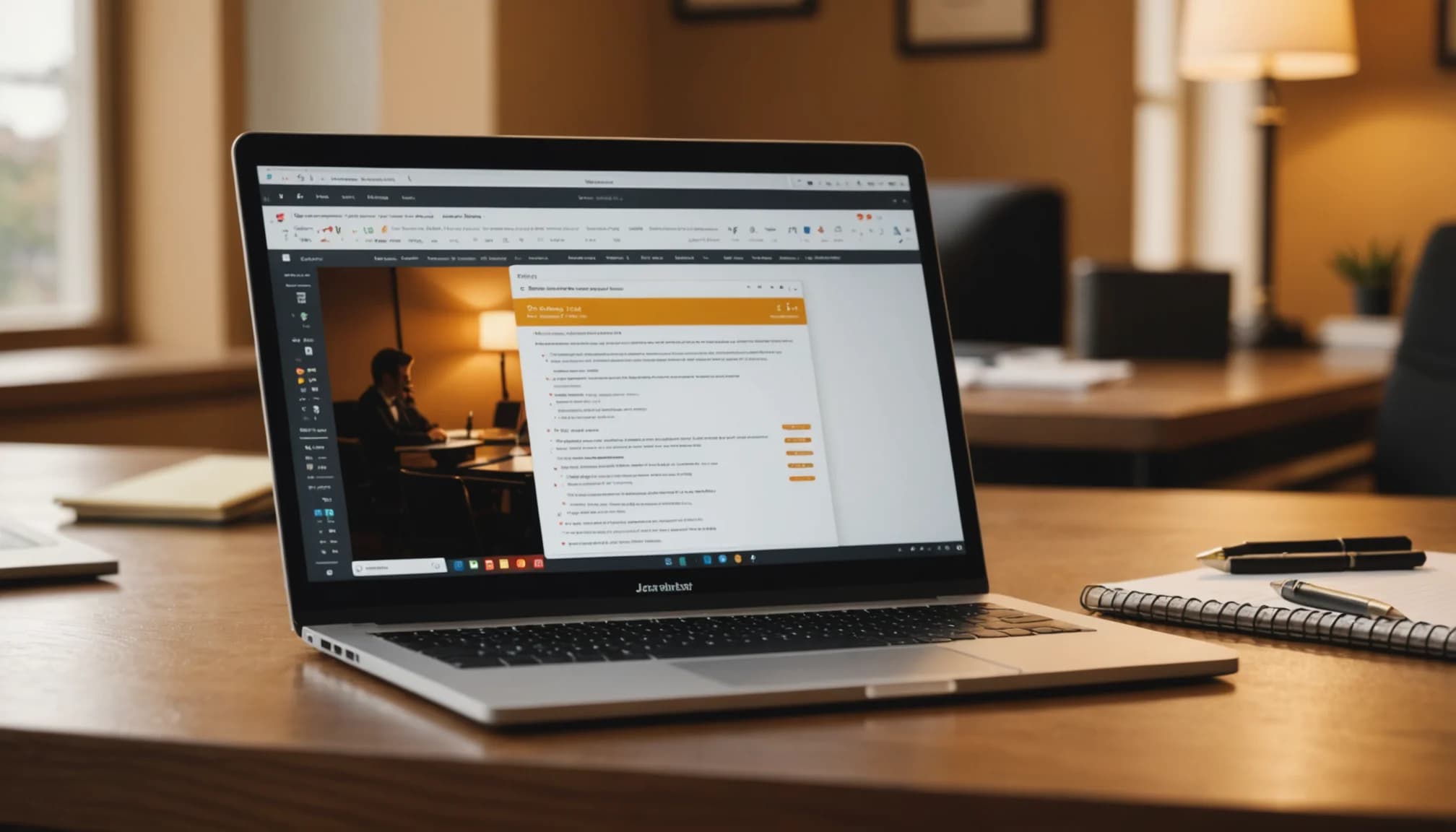 Laptop showing real-time meeting notes automation AI with highlighted action items and summarized content on a desk.
