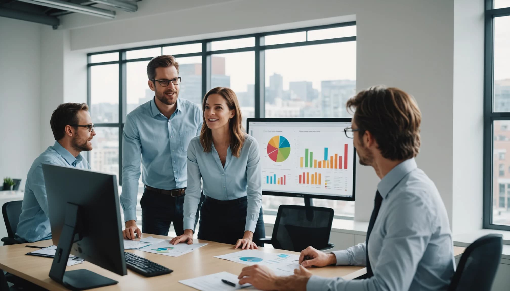 A sales team reviewing a CRM alternative dashboard on a monitor, demonstrating how a Monday CRM alternative centralizes deal tracking and team collaboration.
