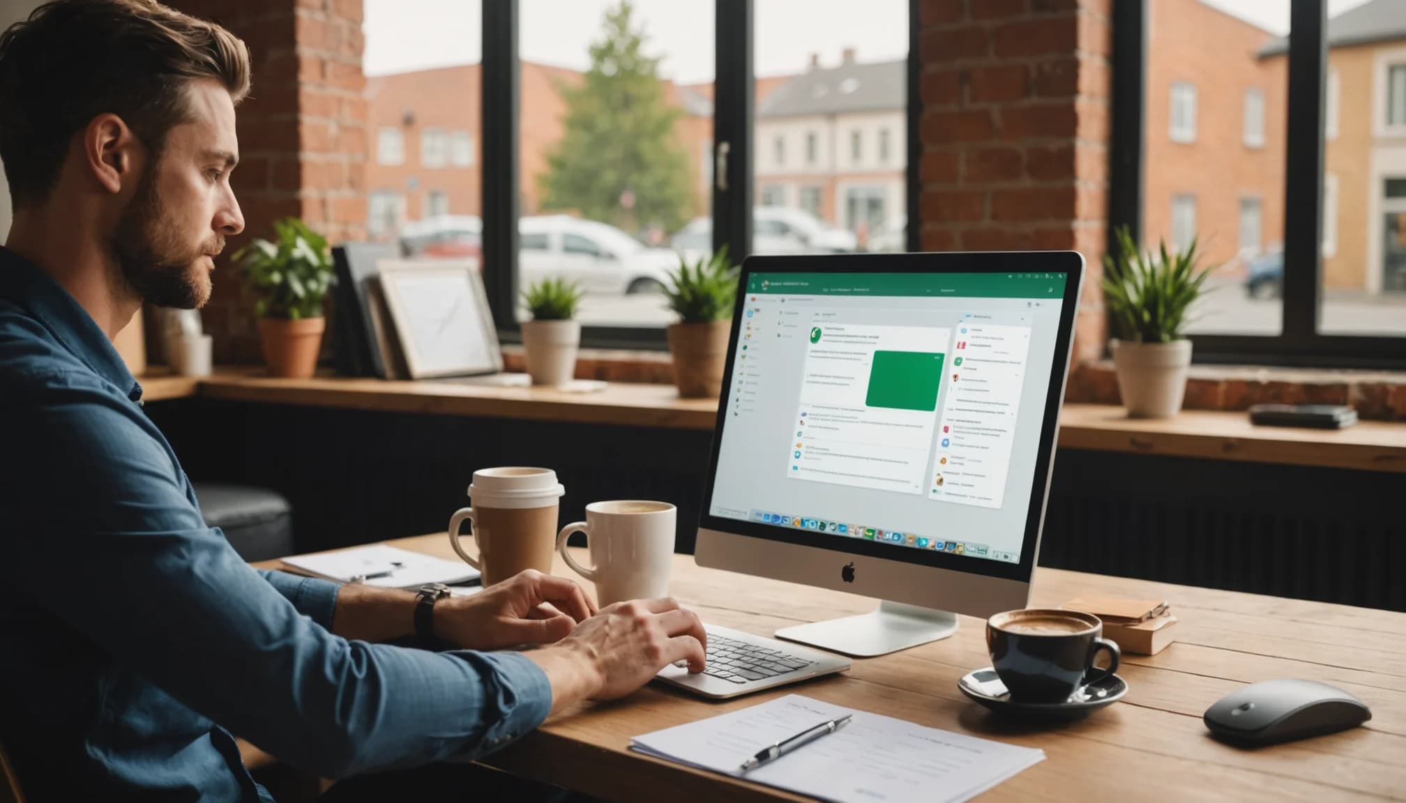 Small business owner using omnichannel support dashboard integrating email, WhatsApp, and social media conversations on laptop
