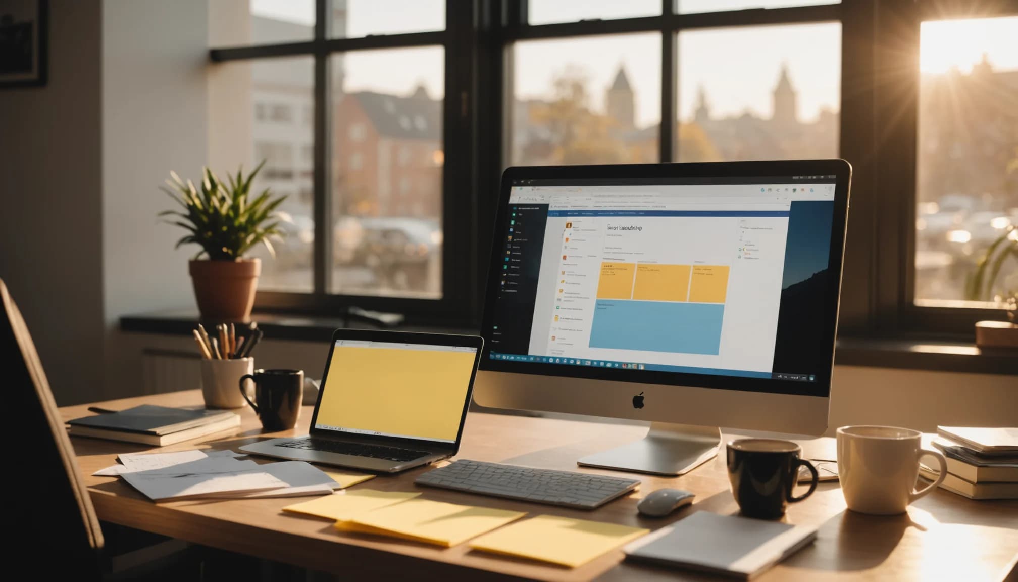 Organized startup workspace showing CRM dashboard on laptop with sales pipeline notes, representing SaaS tools for business growth