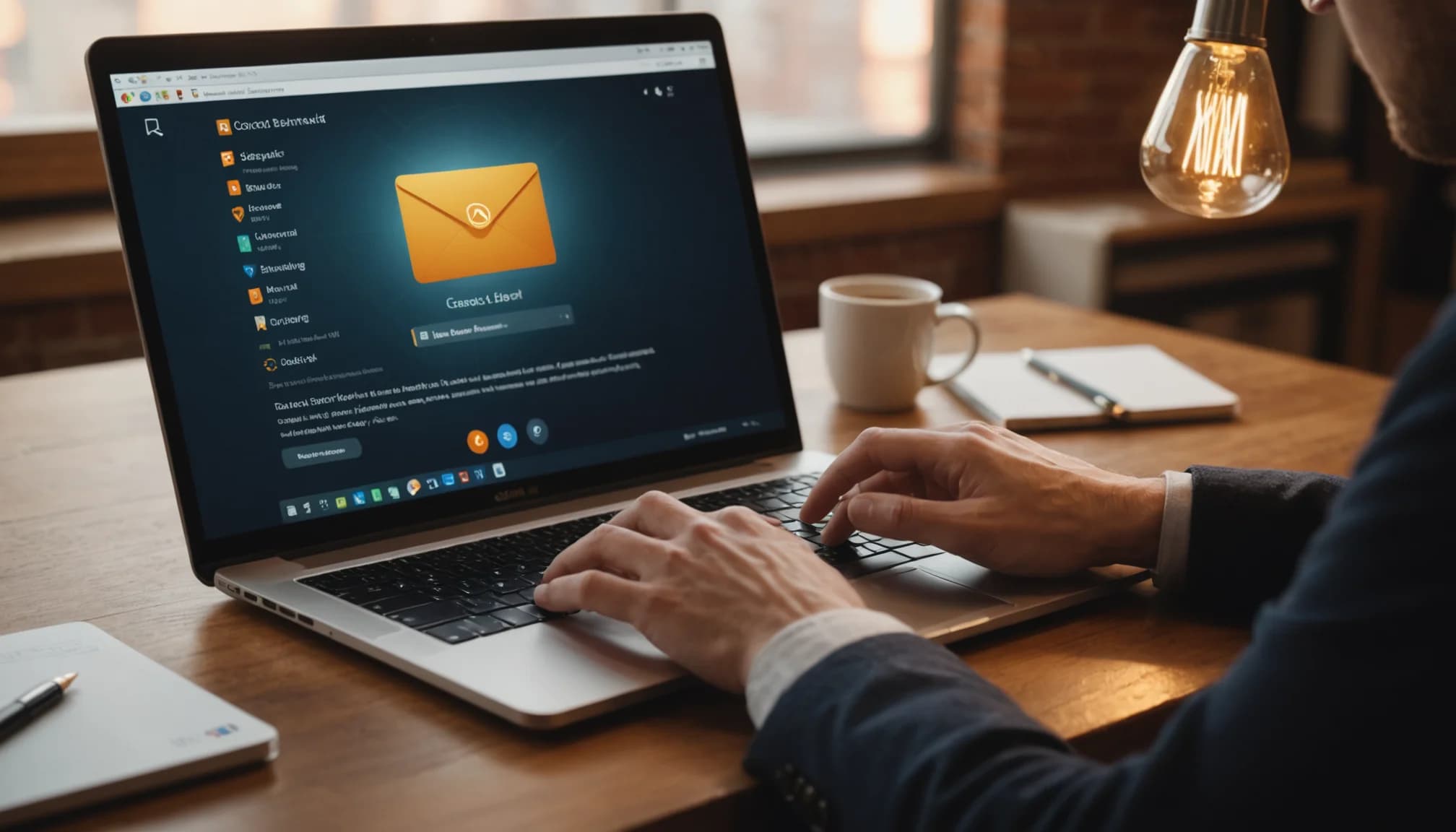Hands at keyboard with email and contact management interface, illustrating essential SaaS tools for startup communication
