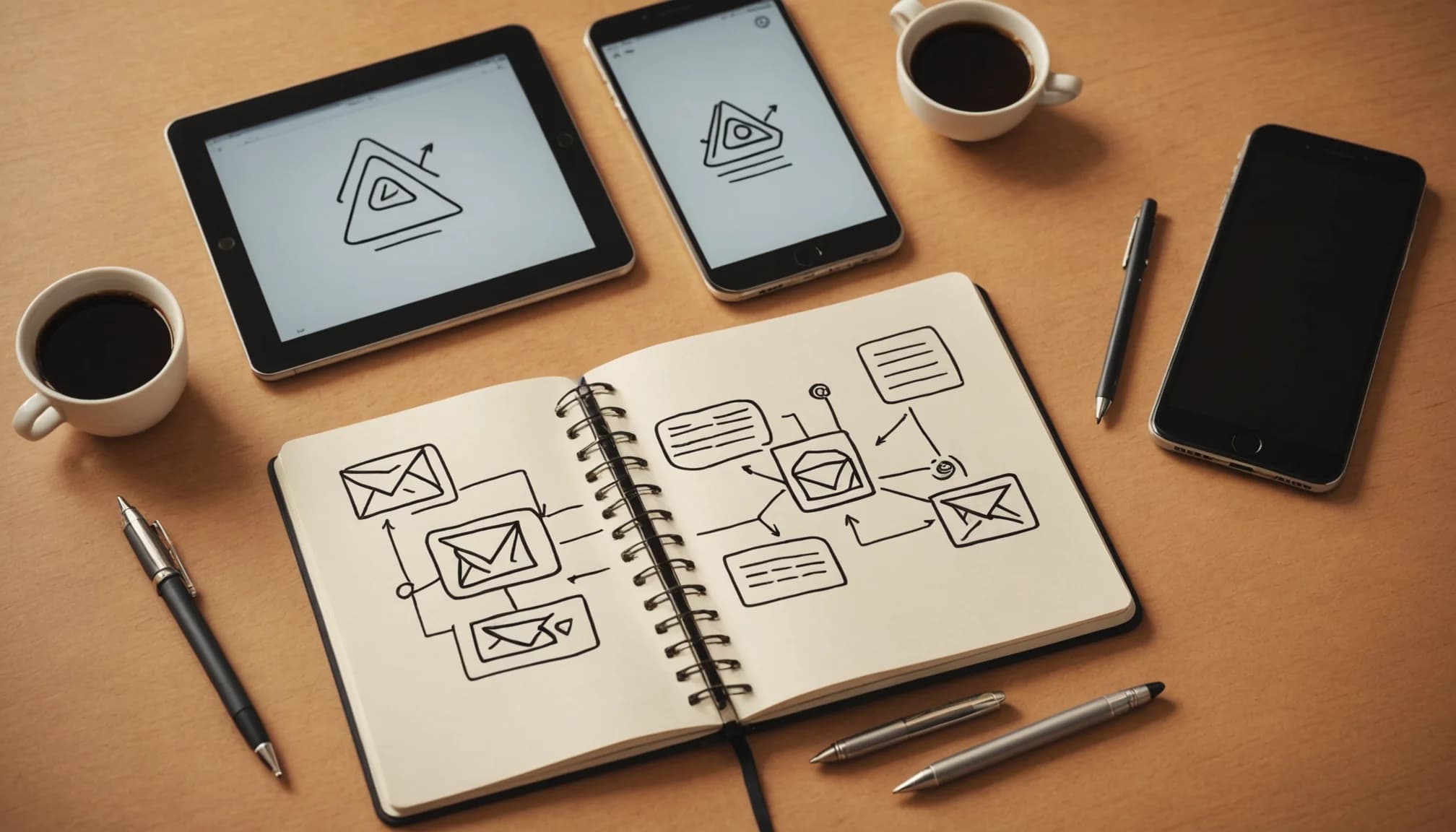 Workflow planning notes and multiple communication interfaces on phones, showing how SaaS tools integrate for startup operations