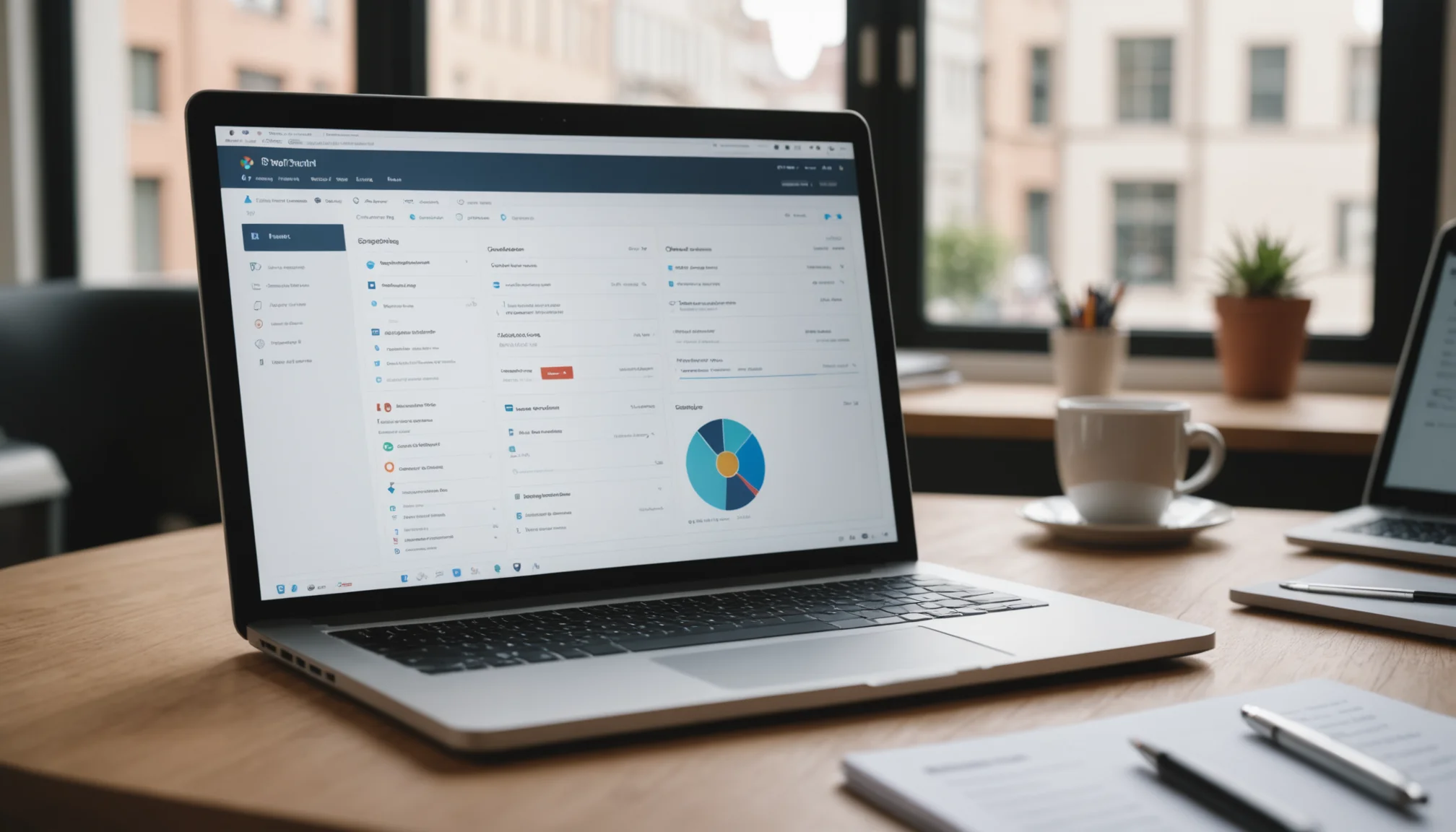 CRM and sales prospecting interface on laptop showing contact scoring and pipeline management