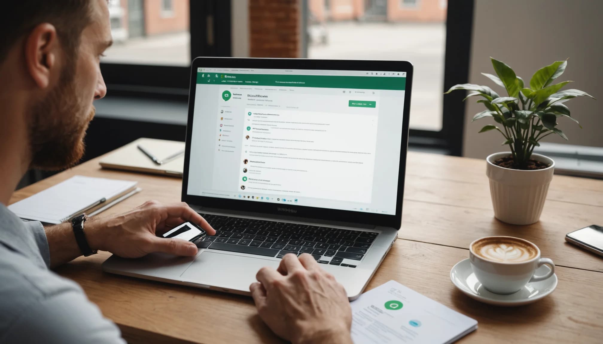 Small business owner using a CRM alternative with WhatsApp integration on laptop and phone