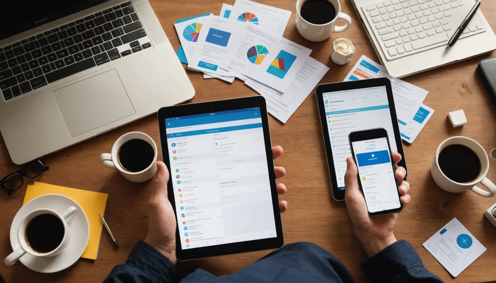 Multiple devices showing disconnected apps representing fragmented small business software stacks before consolidation and integration.