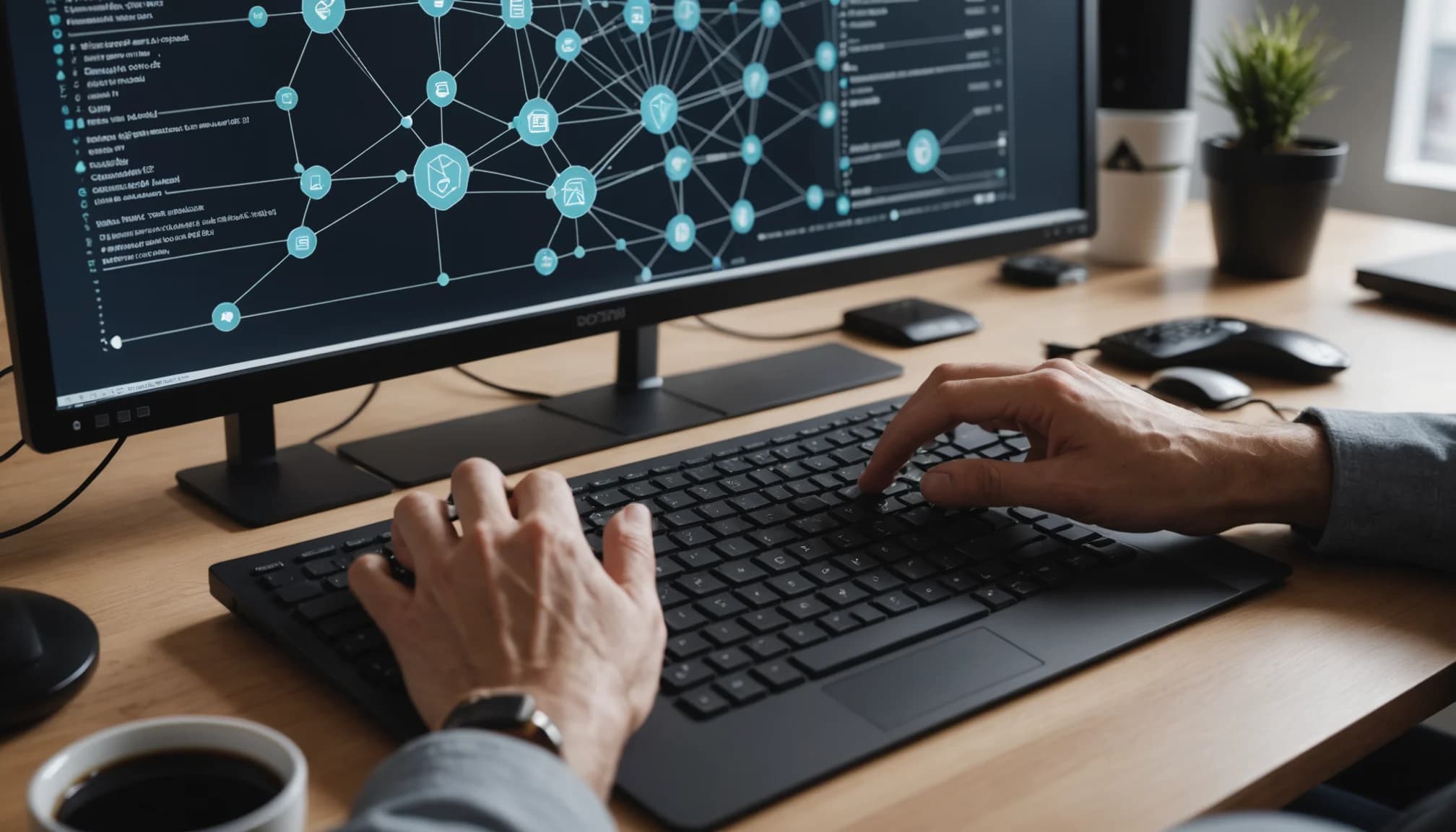 Computer screen visualization of software integration nodes and API connections for a unified small business software stack workflow.