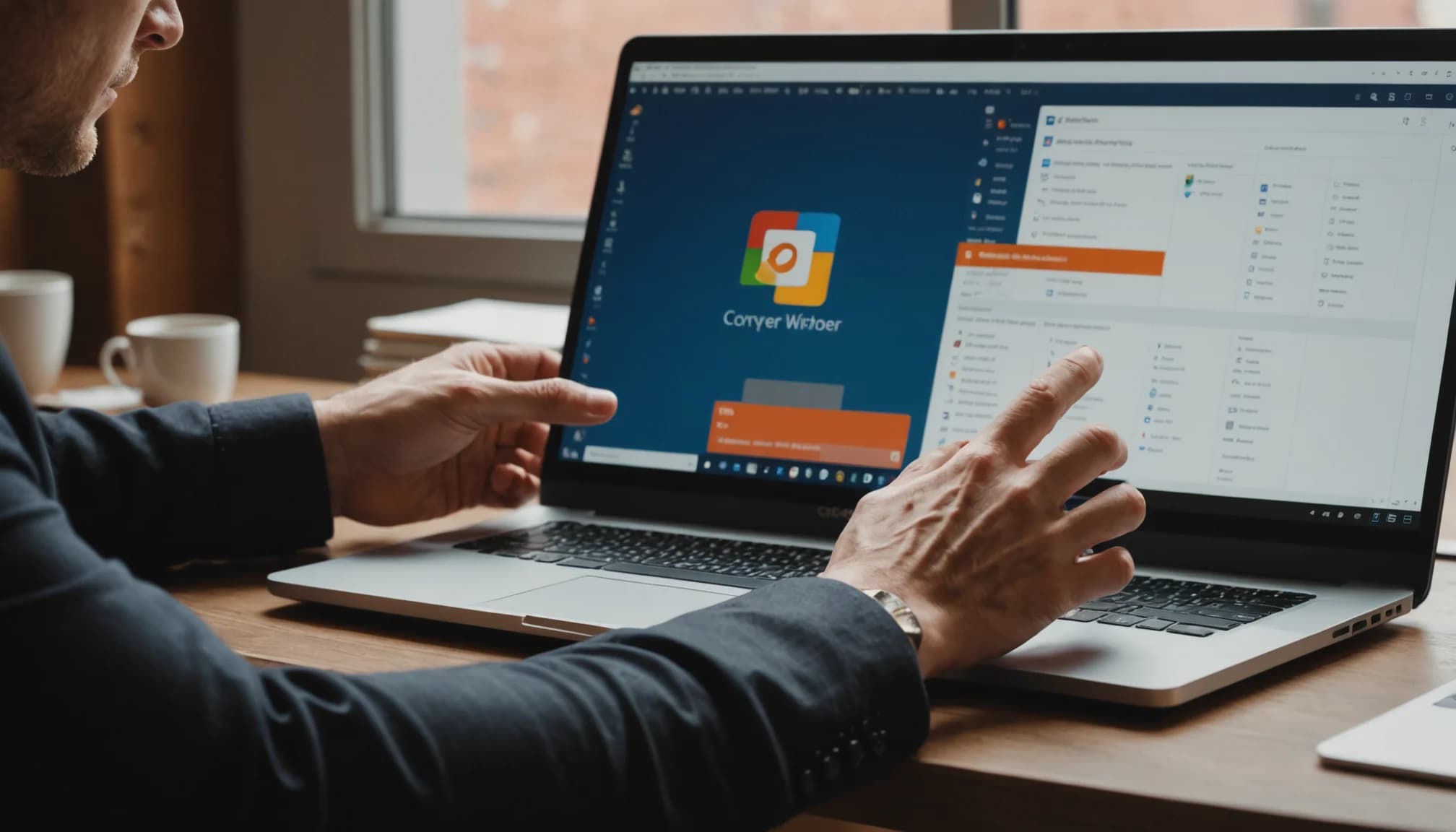 Hands switching between multiple software windows on screen, illustrating tool sprawl and context switching challenges.