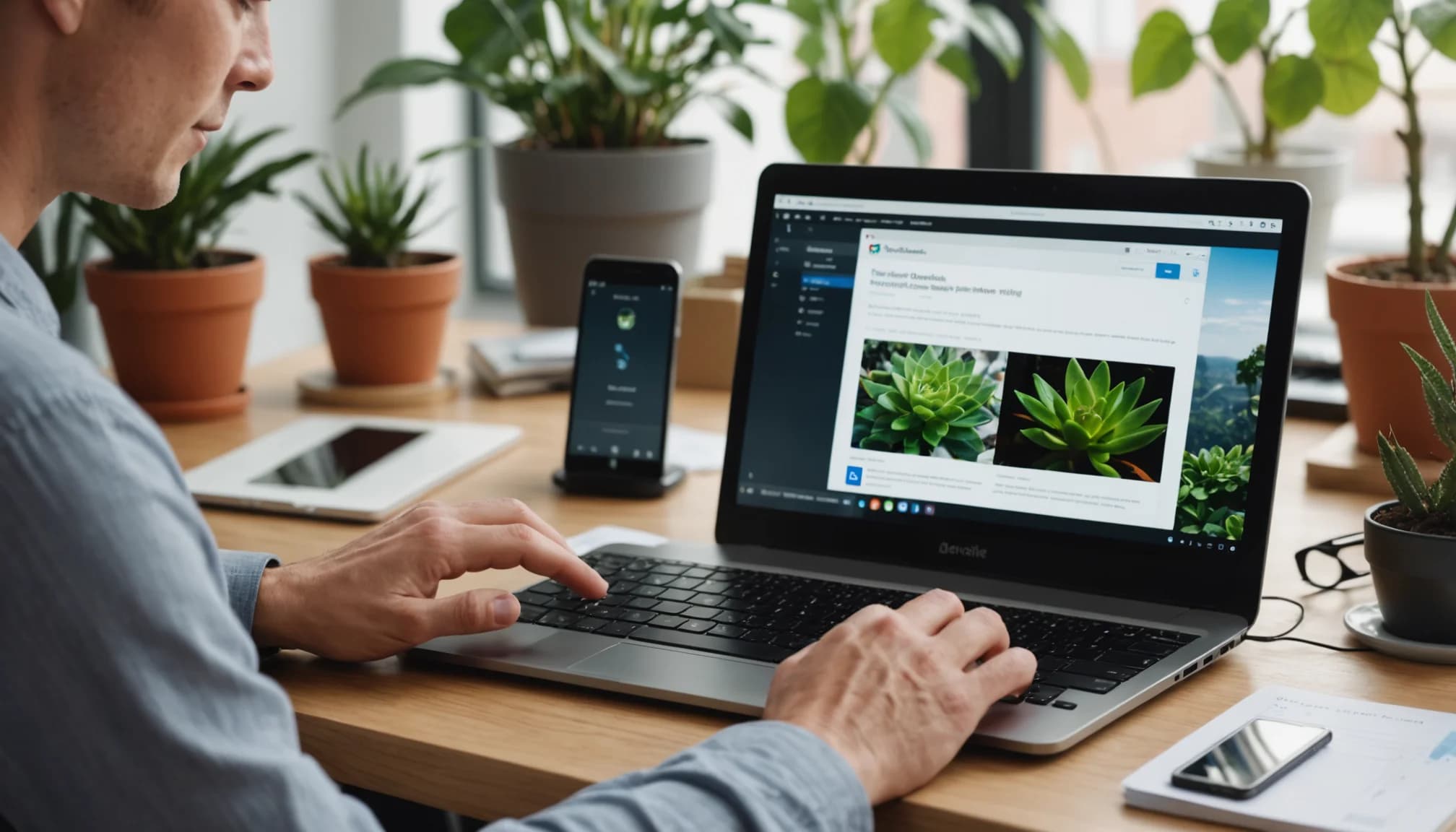 Small business owner managing a unified inbox for business using smartphone and desktop monitor