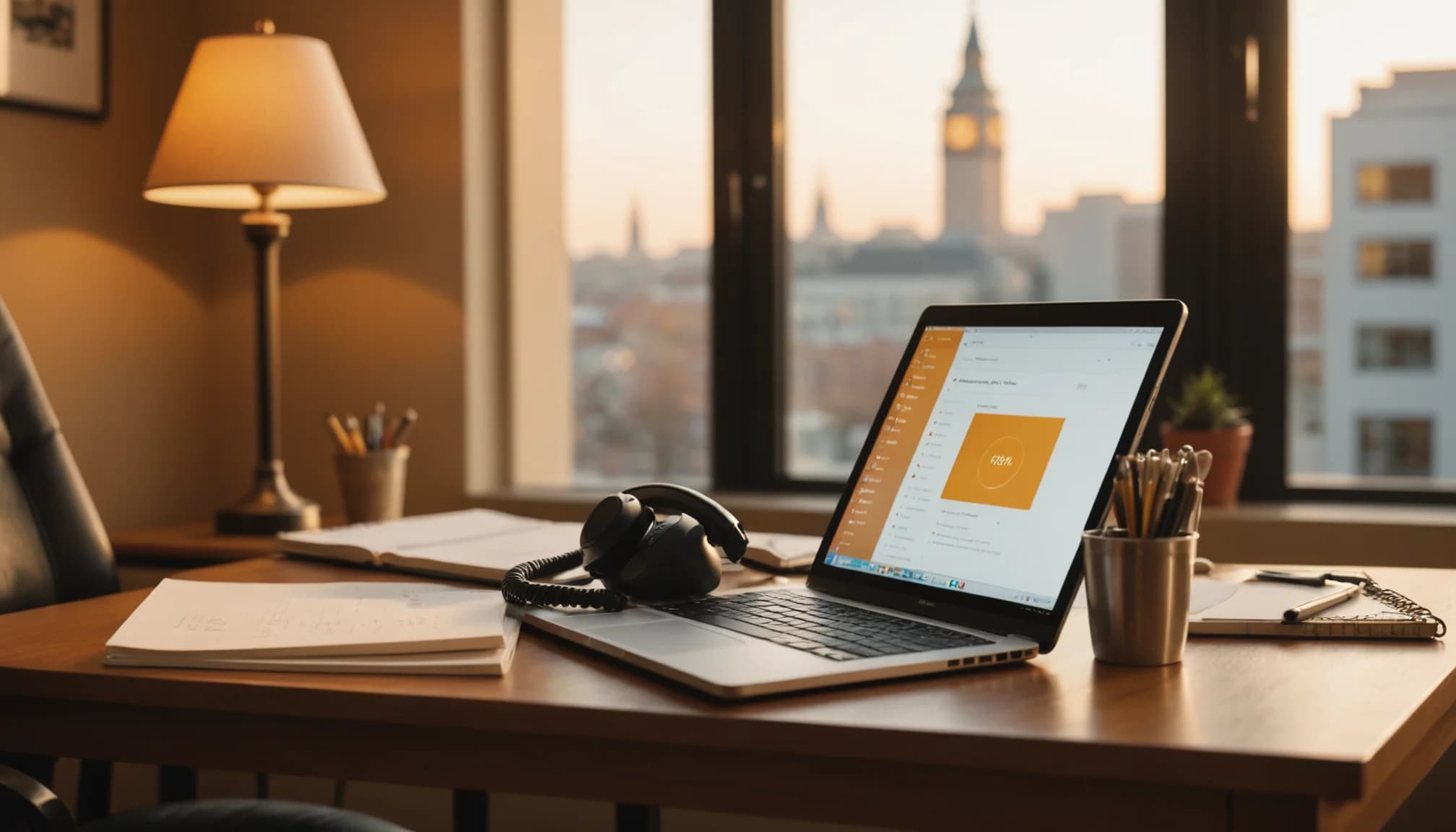 Professional using voice AI for business calls with phone and laptop displaying call interface