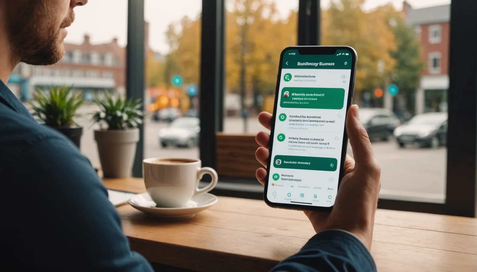Small business owner reviewing WhatsApp chatbot interface for customer support on smartphone with