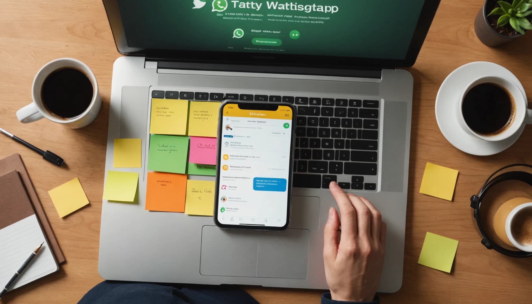 Workspace with multiple devices showing CRM and messaging apps, representing an all-in-one Zendesk alternative for startups.