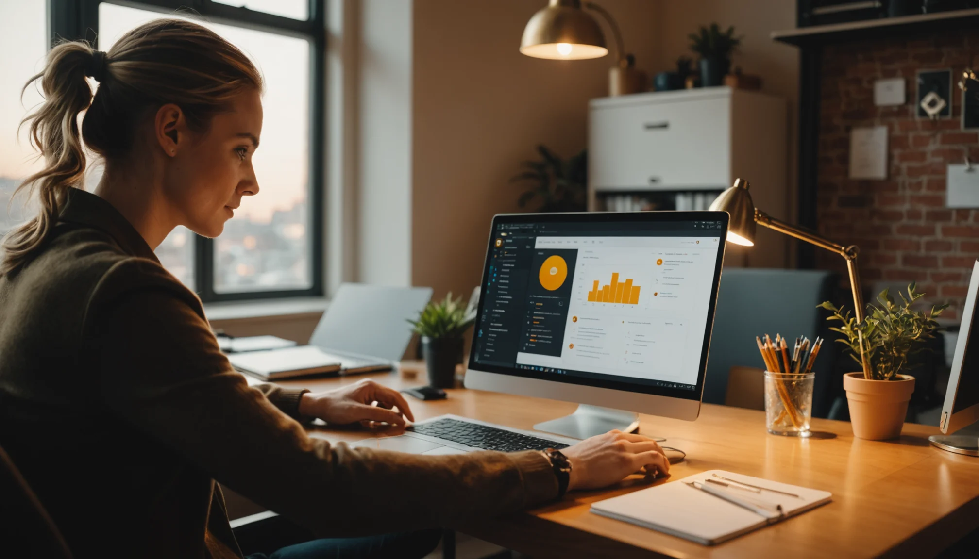 Small business owner reviewing a unified sales dashboard with CRM contacts and email threads on a laptop screen, representing a ZoomInfo alternative for small business.