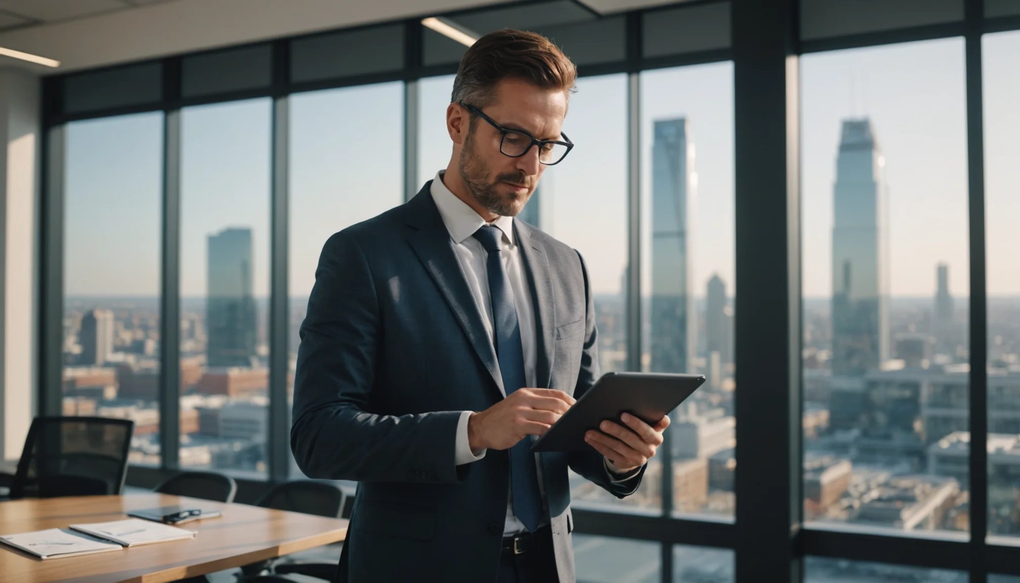 Sales professional reviewing lead metrics and prospecting data on a tablet in a modern office, illustrating data-driven decision making with sales intelligence tools.