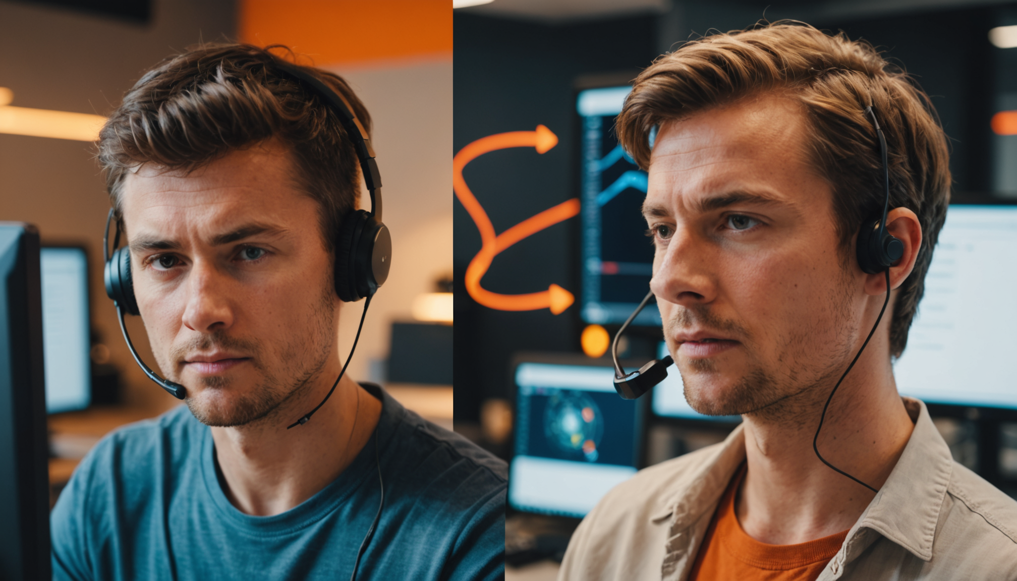 Split-screen visual connecting a customer on their phone to an AI customer service chatbot system with data connections and nodes