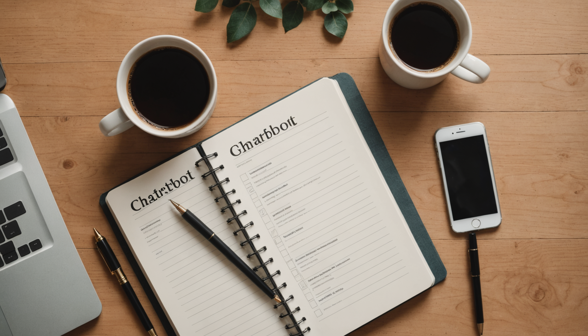Desk with a checklist notebook for AI customer service chatbot guardrails, smartphone, and pen, lit by natural window light
